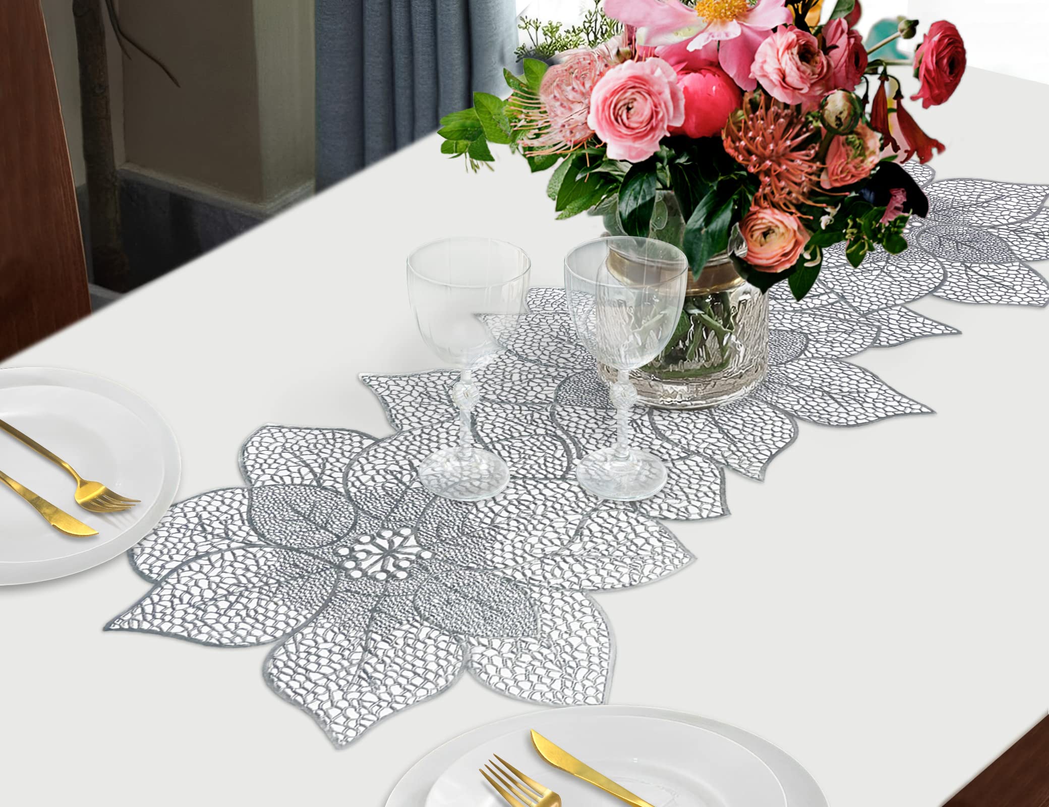 Ablieve Table Runner Silver (30x90CM) Simulation Bauhinia Washable Placemats, Non Slip PVC Table Runners Holidays Parties Decor (1PCS)