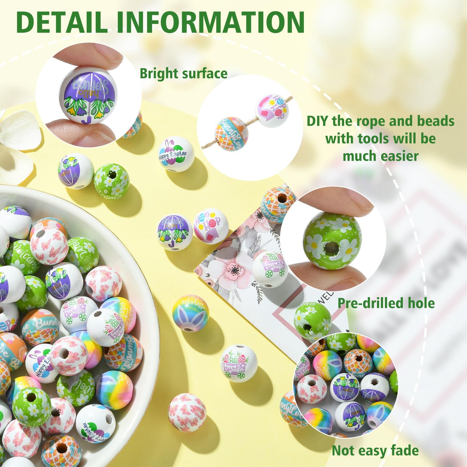 UR URLIFEHALL 100 Pcs 8 Styles Wood Round Beads Spring Theme Pattern Printed Wooden Spacer Loose Beads for Crafts Garland Farmhouse Decor - Image 3