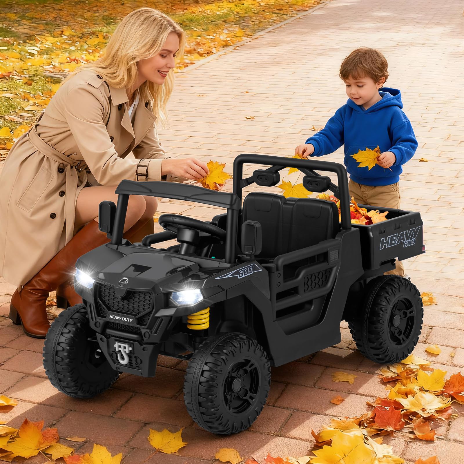 FANTASK Kinder Elektroauto 12V, Kinderauto mit elektrischer Kippmulde Fernbedienung, Kinderfahrzeug mit Musik Geschichten LED Licht Federung für Kinder ab 3 Jahren, Schwarz