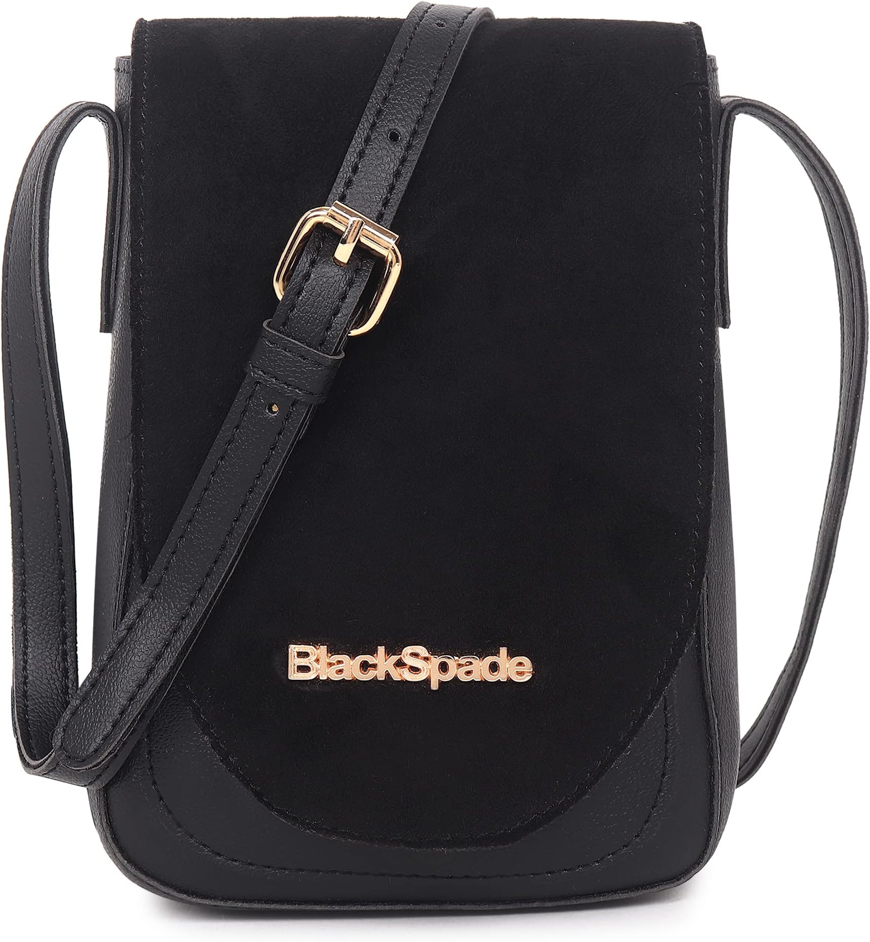 Black SpadeSolid Sling Bag Women Crossbody Mobile Cell Phone Holder PU Leather Textured
