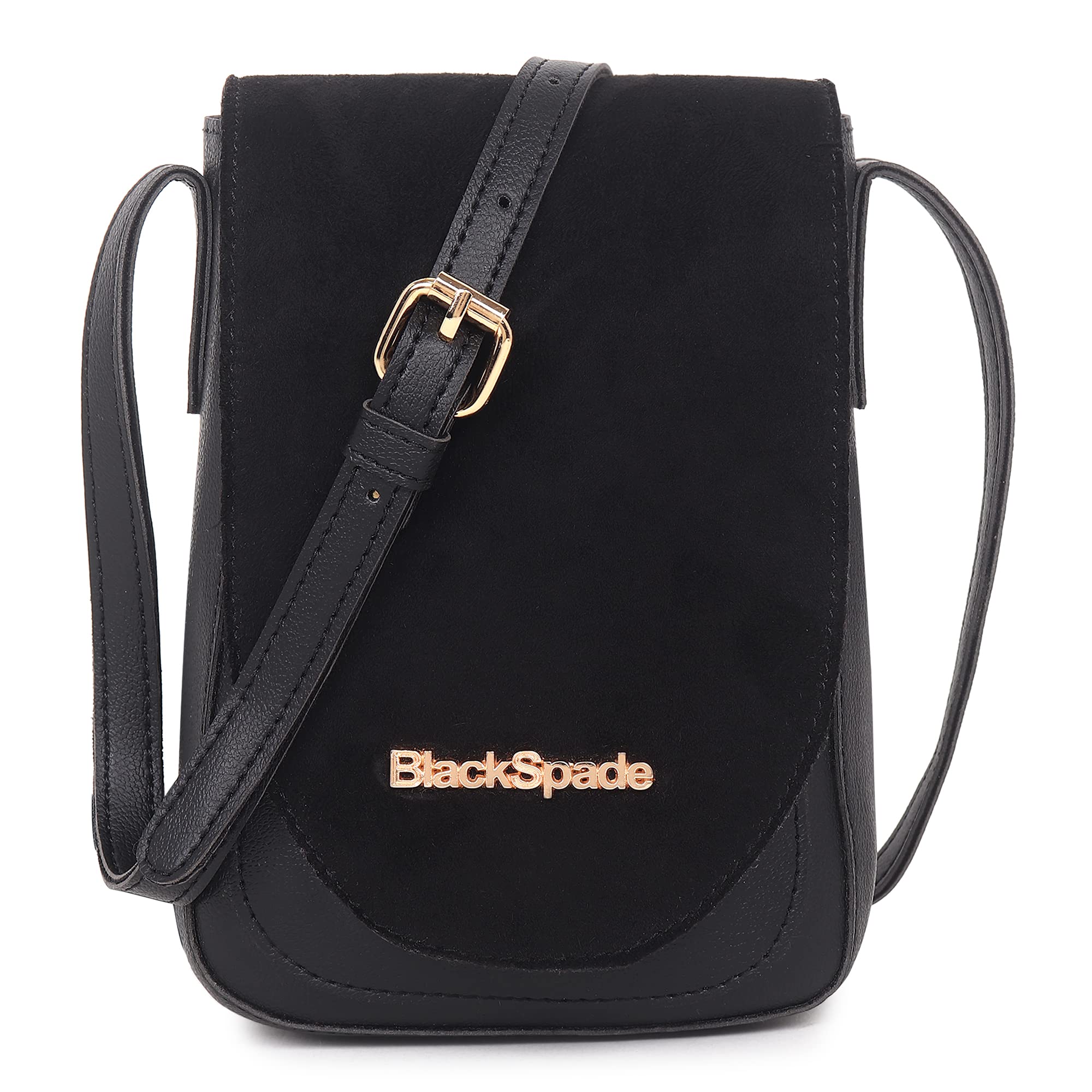 Black SpadeSolid Sling Bag Women Crossbody Mobile Cell Phone Holder PU Leather Textured