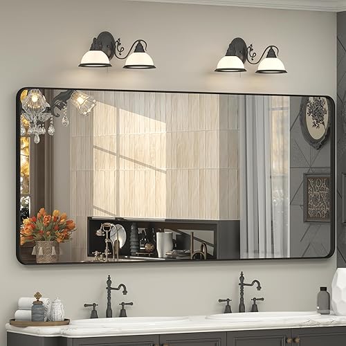 Miniatura 104 de Espejo de baño con marco negro de 20 x 30 pulgadas para pared, espejo de pared con marco de metal mate, espejo rectangular de esquina redondeada
