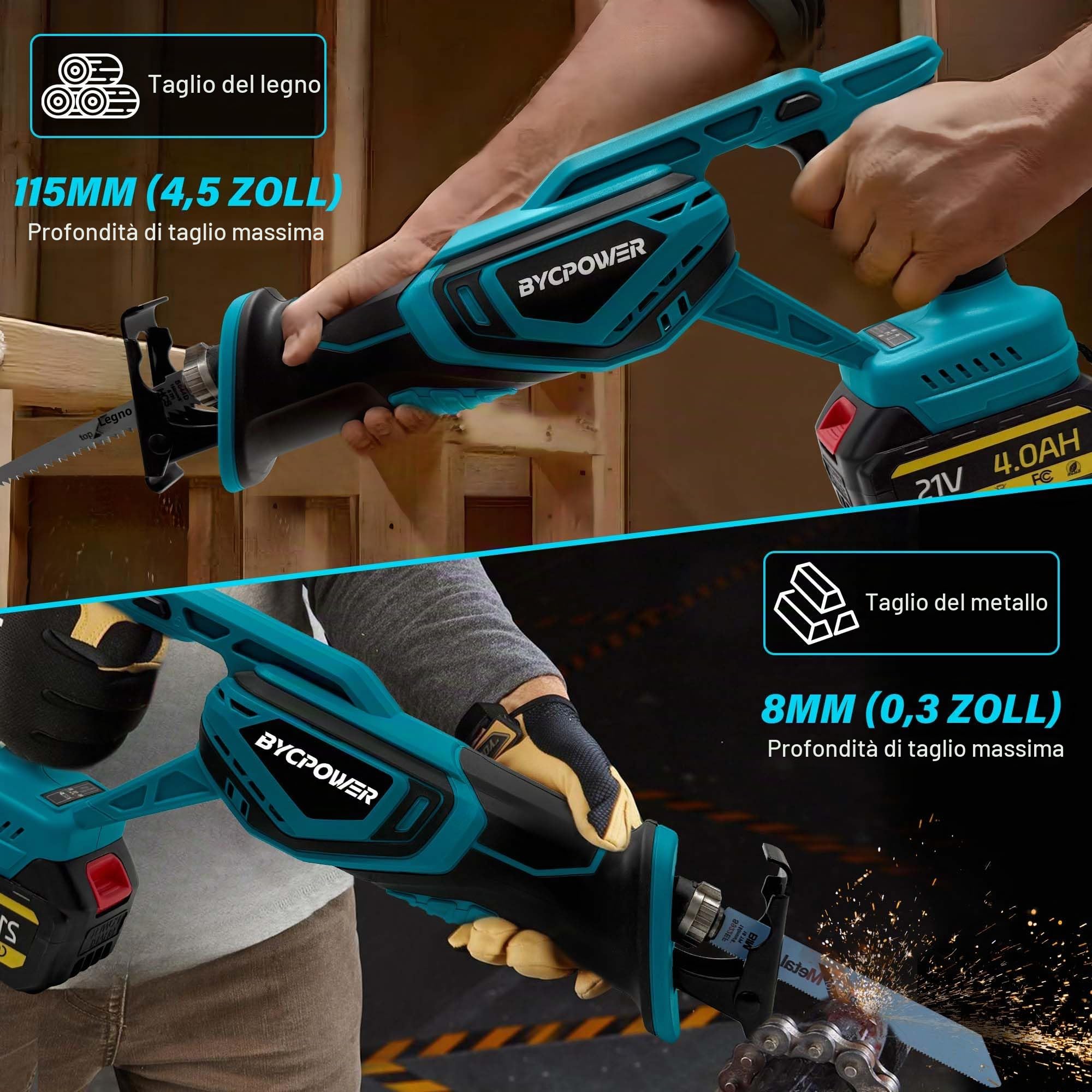 Sega a sciabola a batteria compatibile con batteria Makita LXT-18V (senza batteria), motore senza spazzole, altezza di sollevamento 22 mm, max. 3000 giri/min, con 4 lame per sega a sciabola per legno