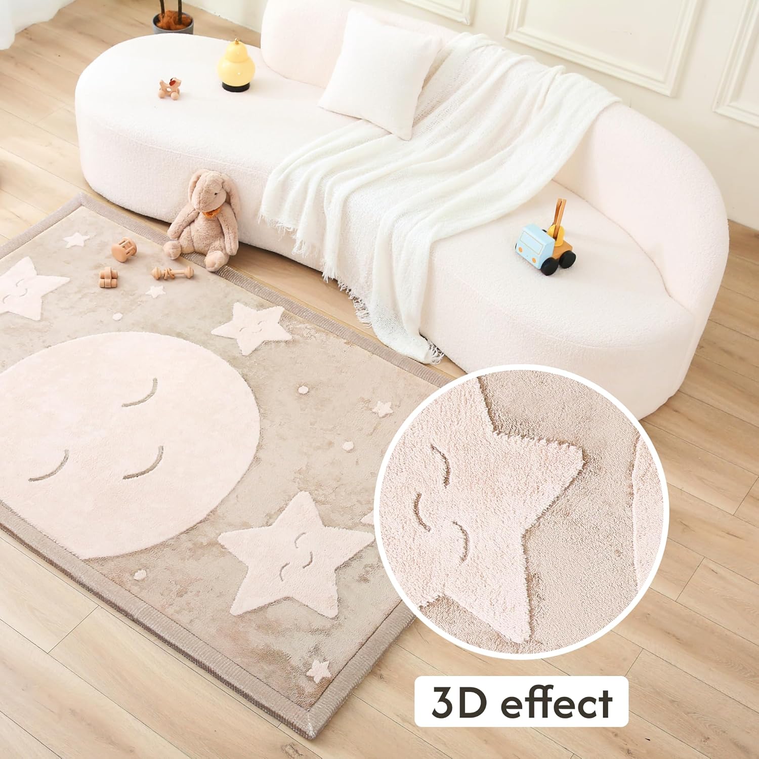Premium Baby Playmat for Floor 80" x 110" moon&stars – Cloudsoft Coral Velvet Memory Foam Rug for Crawling – Non-Slip, Water-Resistant, Non-Toxic, Easy-Care Muscle Mat – Thick Play Mat for Baby 3d Moon & Stars 80" x 110"