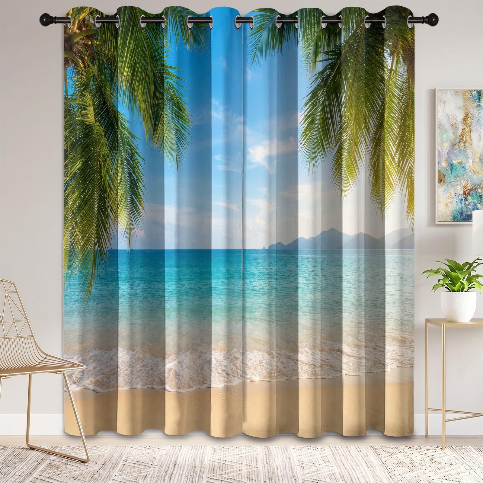 Cortinas opacas con palmeras, 260 x 140 cm, juego de 2 unidades