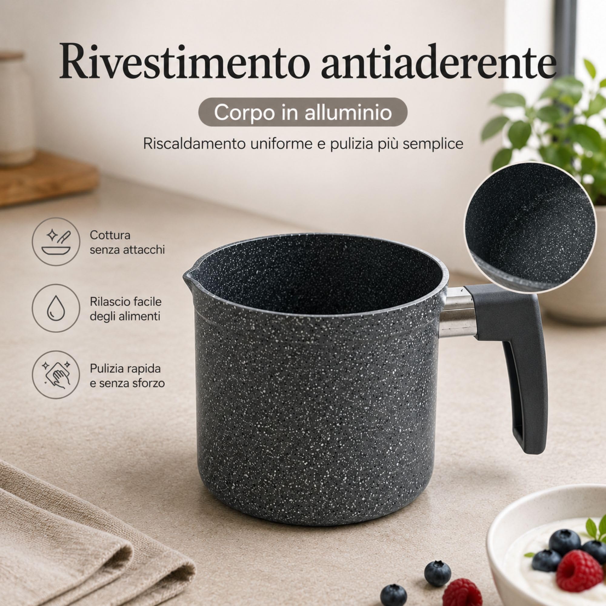 NAMAI - Bollilatte Antiaderente 11 CM Ø, Alluminio Resistente, Manico Ergonomico, Effetto Pietra, Pratico e Resistente, No Induzione, Pentolino Latte