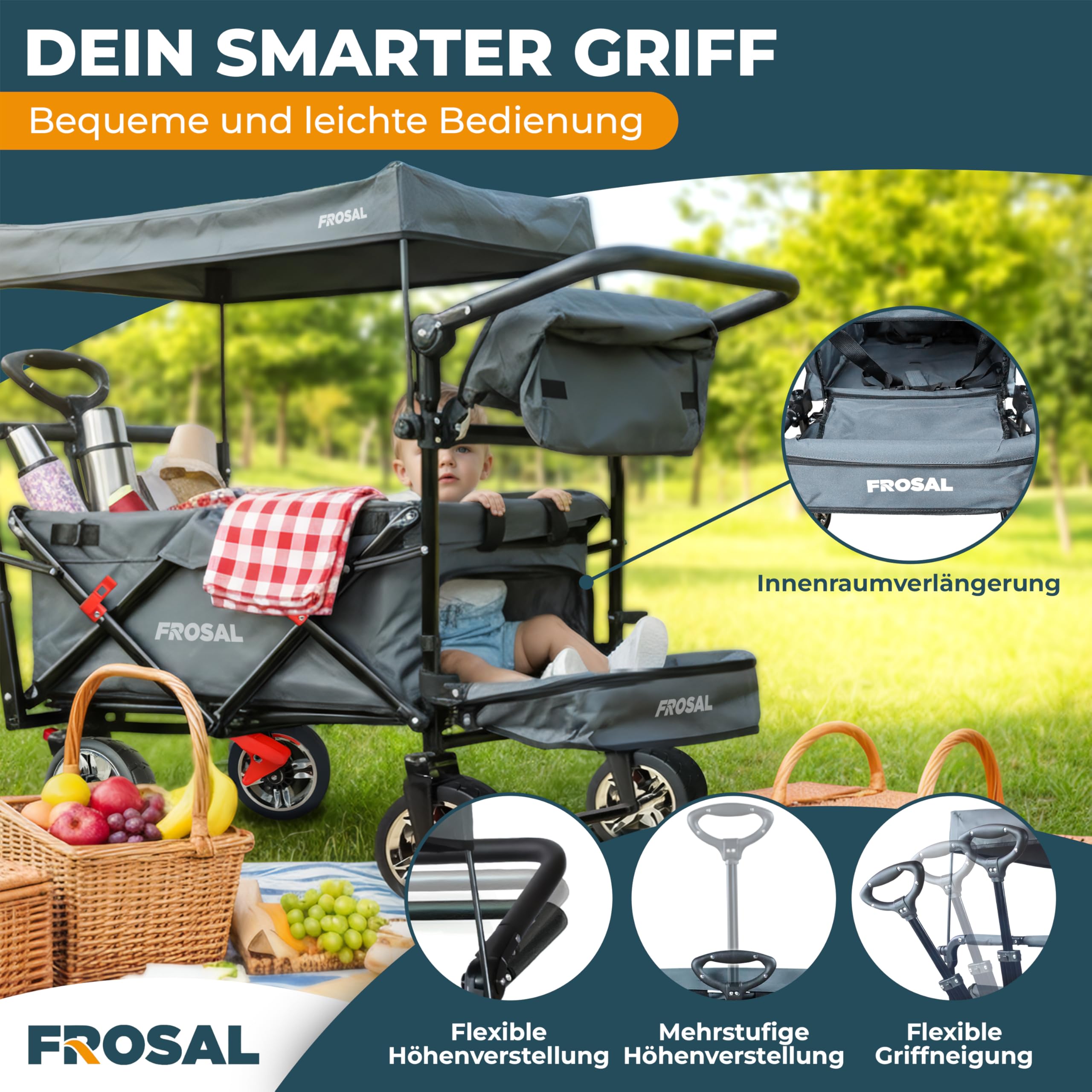 FROSAL Bollerwagen Leo grau – faltbar mit Sonnendach LSF 25 – pannensichere PU-Räder Ø ca. 20 cm – 80 kg Traglast – Vorderräder 360° drehbar – Bremsen vorne & hinten – Schiebegriff & Zugstange