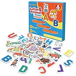 Kasfalci Magnetic Letters and Animals,52 Foam Objects,Refrigerator Fridge Magnets for Kids,ABC Magnets for Toddlers,Alphabet Learning Toys,Letter Matching Games for Preschool Kindergarten Classroom