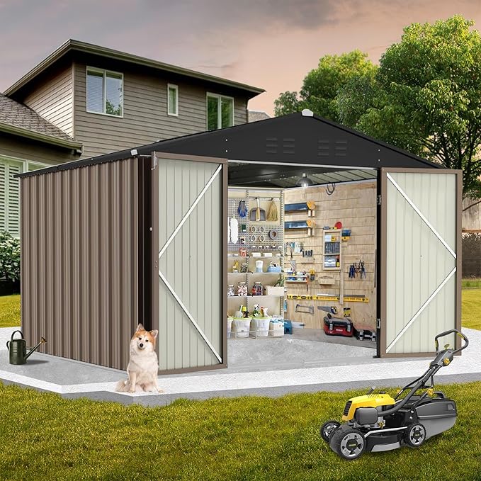 7.5x8.5 Ft Outdoor Storage Shed, Large Steel Multipurpose Yard Shed, Metal Outdoor Tool Shed with Sloped Roof and Door Lock Design for Organizing Tools & Equipment in Yard, Garden, Brown