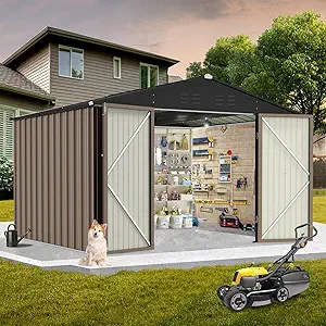7.5 x 8.5 Ft Outdoor Storage Shed with Updated Frame Structure & Lockable Door, Waterproof Practical Garden Patio Lawn Poolside Metal Tool Shed Designed for Organization & Storage, Brown