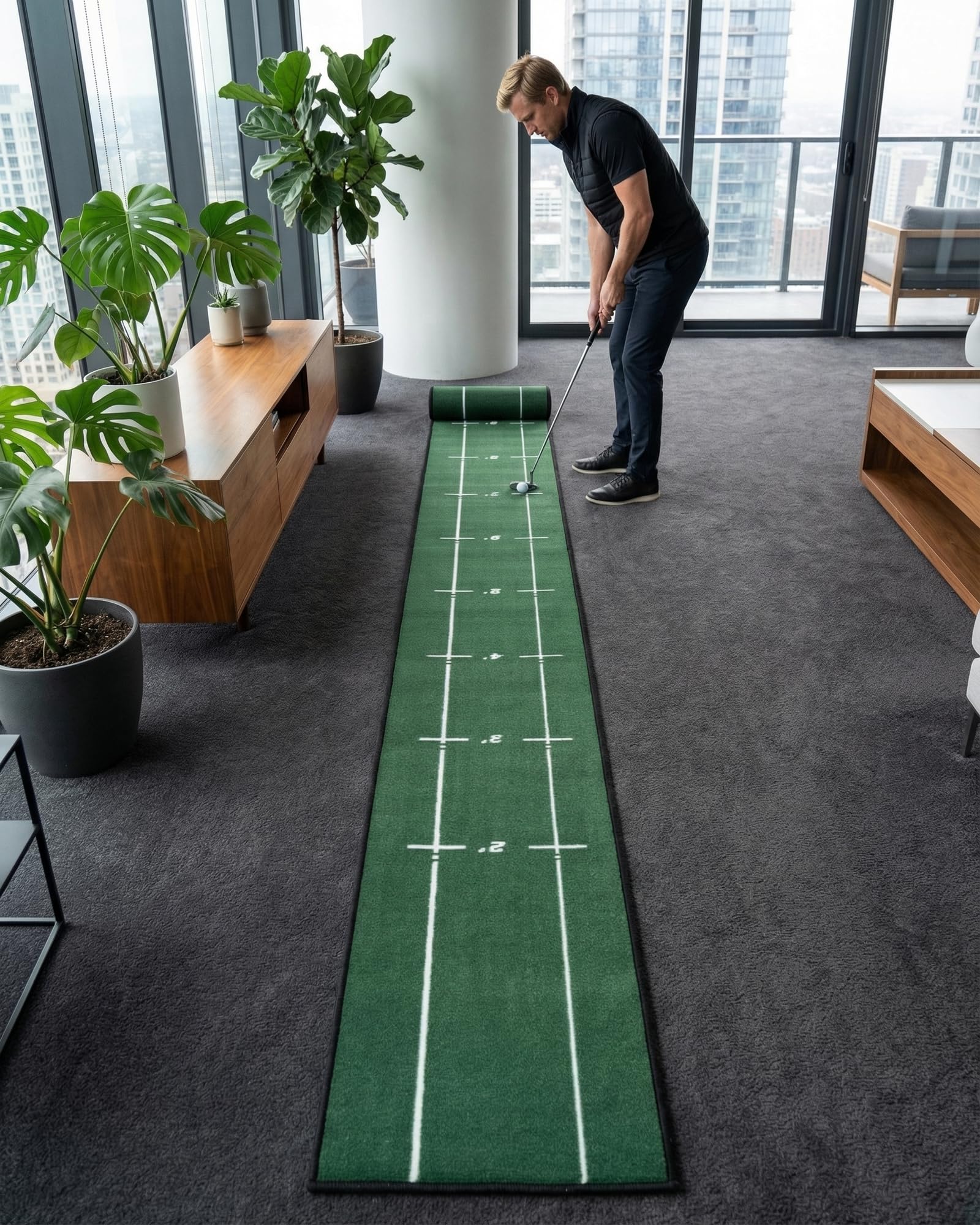 Golf Putting Matte: Putting Alignment Matte 280x28cm mit Linienführung für Putting Training Minigolf für Zuhause Indoor Golf Matte Büro Home Practice für Golfer Männer