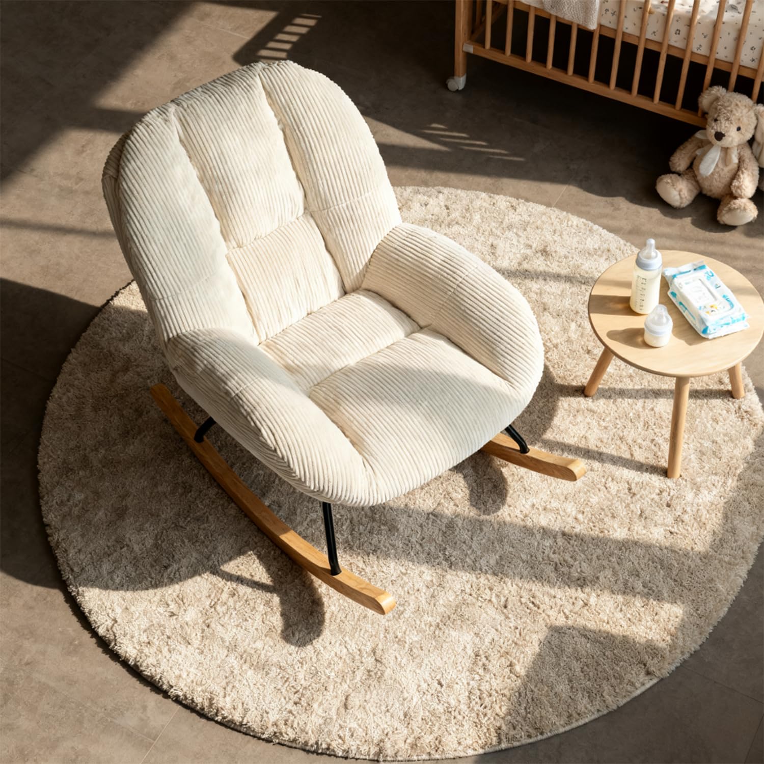 MEUBLE COSY Sedia a Dondolo Imbottita Poltrona Relax con Schienale Seduta Extra Larga in Velluto a Coste, Gambe in Legno, per Soggiorno Cameretta, Beige