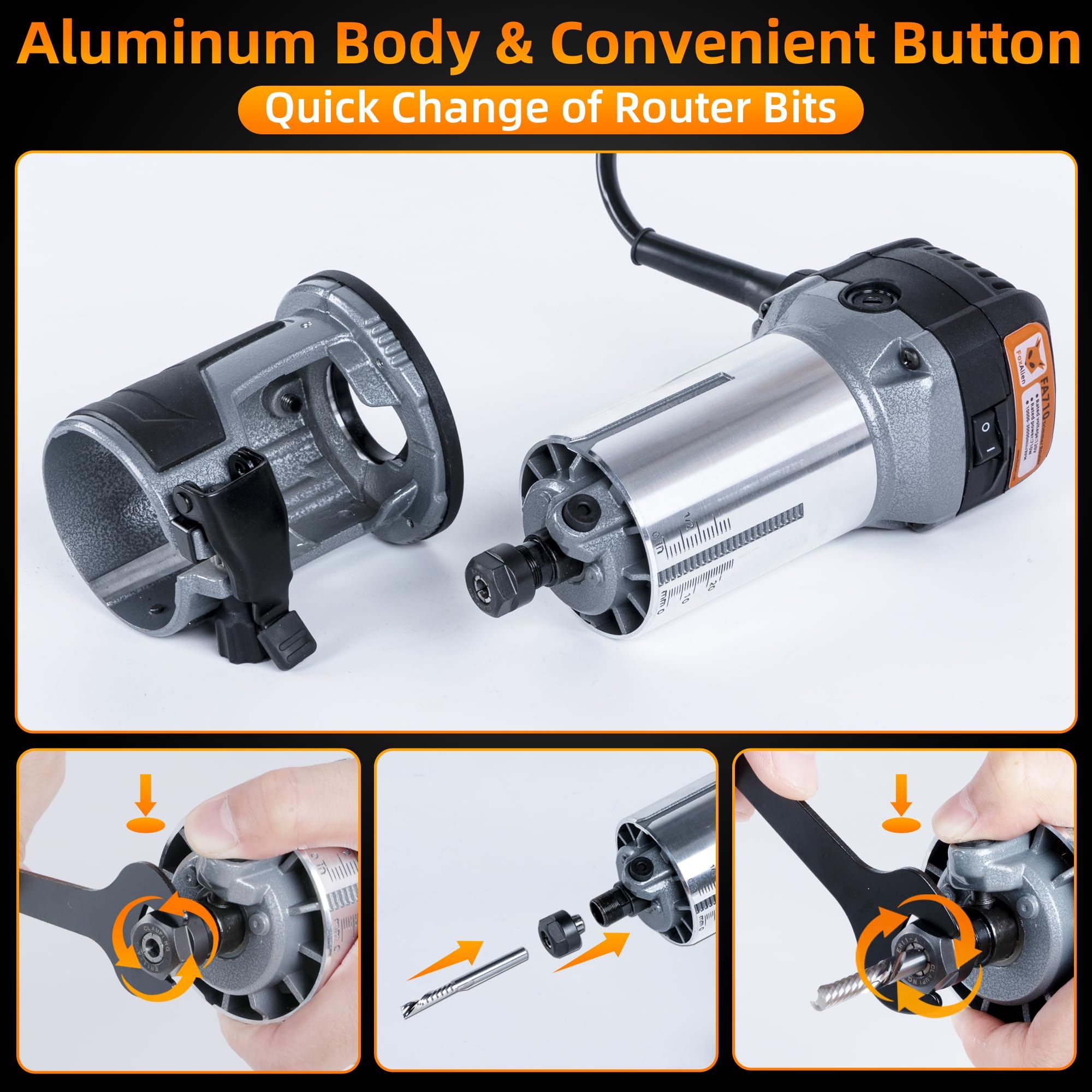 FoxAlien 1 HP 710 W 65 mm de diámetro compacto router de palma para fresadora CNC, 6 velocidades variables Max 30000 R/MIN recortadora de madera con colección de 1/4 pulgadas
