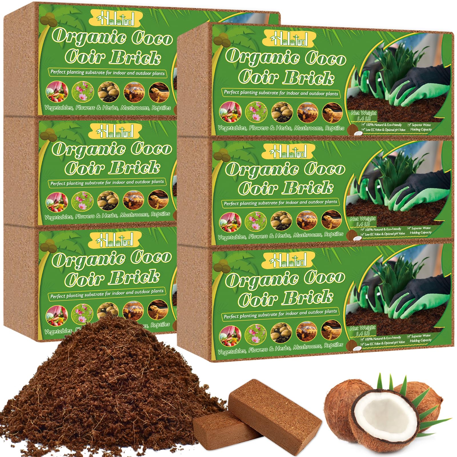 Halatool 6 Pcs Organic Coconut Coir Bricks for Plants, Compressed Coco Coir Brick Coconut Fiber Substrate with Low EC & pH Balance, High Expansion Coco Peat Seed Starter Garden Soil for Planting