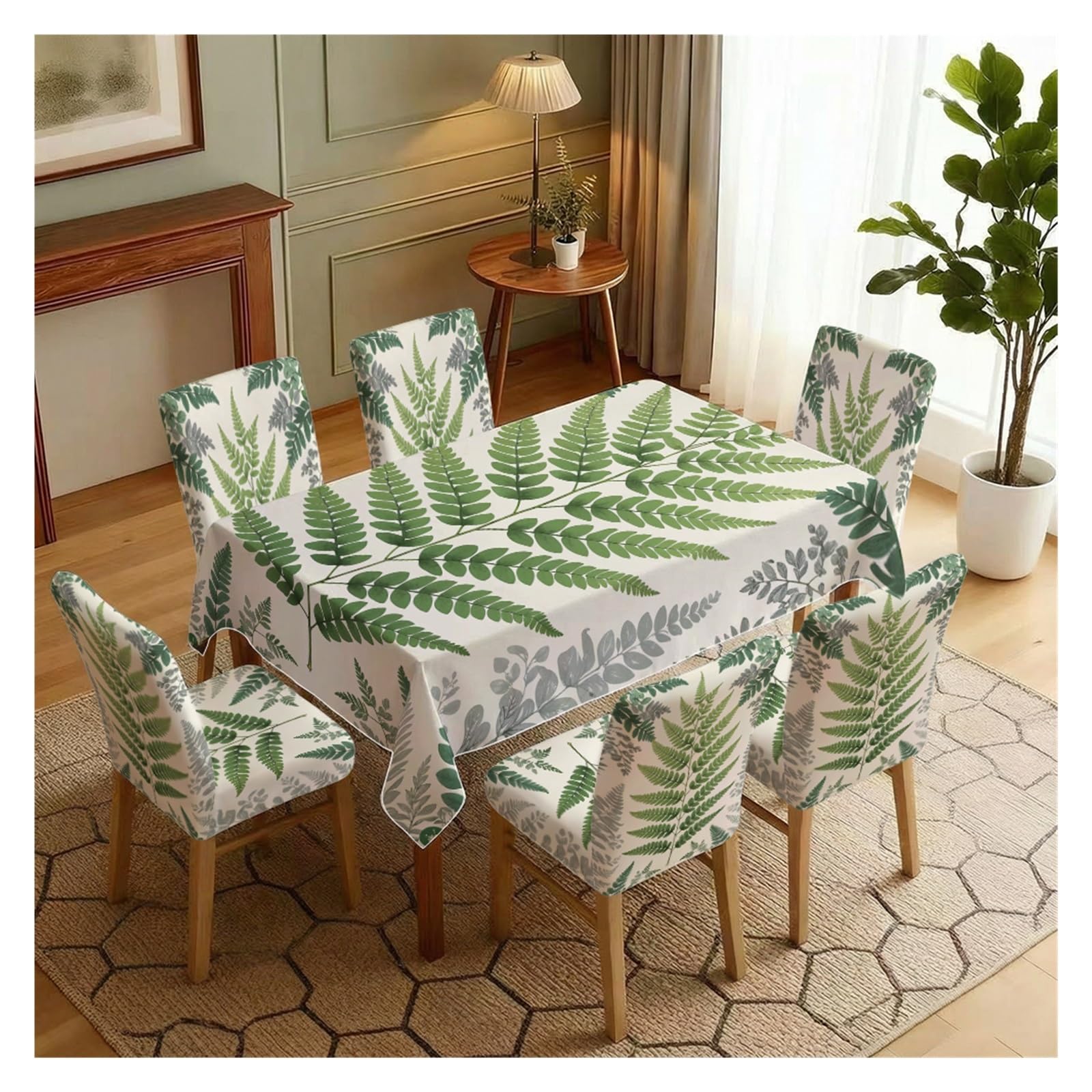 KXUAUV Fern Leaves Print Tablecloth & Chair Covers Set, Slipcovers For Dining Room, Kitchen, Cottage & Farmhouse Decor, 5/7 Pack Party Decor(7pcs Set: Tablecloth+Chair Covers)