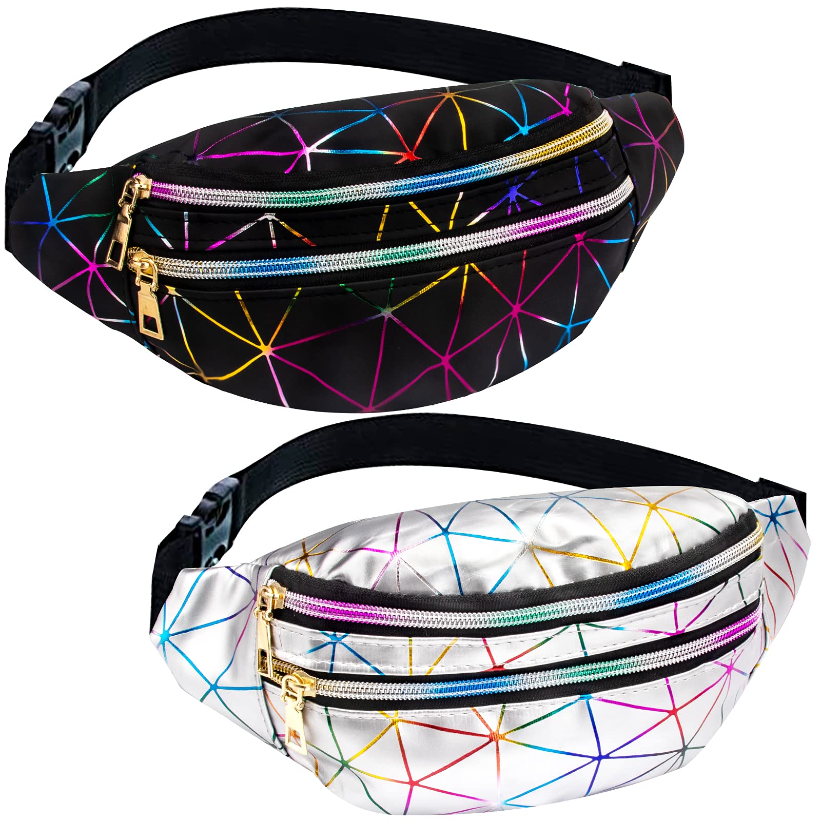 Peicees2 Pieces Holographic Fanny Packs Fashionable Waist Packs Shiny Waterproof Belt Bag for Women Men for Travel Party Festival Running