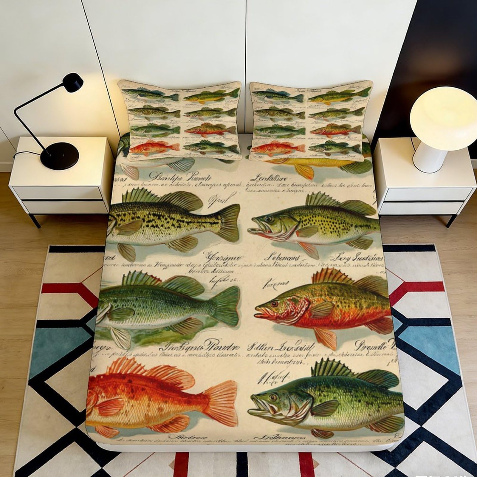 Uynsixtme Style-10 3D Printed Vintage Fish Fitted Sheet Microfiber Deep Pocket Bedroom Bedding Retro Fish Mattress Fitted Cover Washable For Adults 90X200x25cm