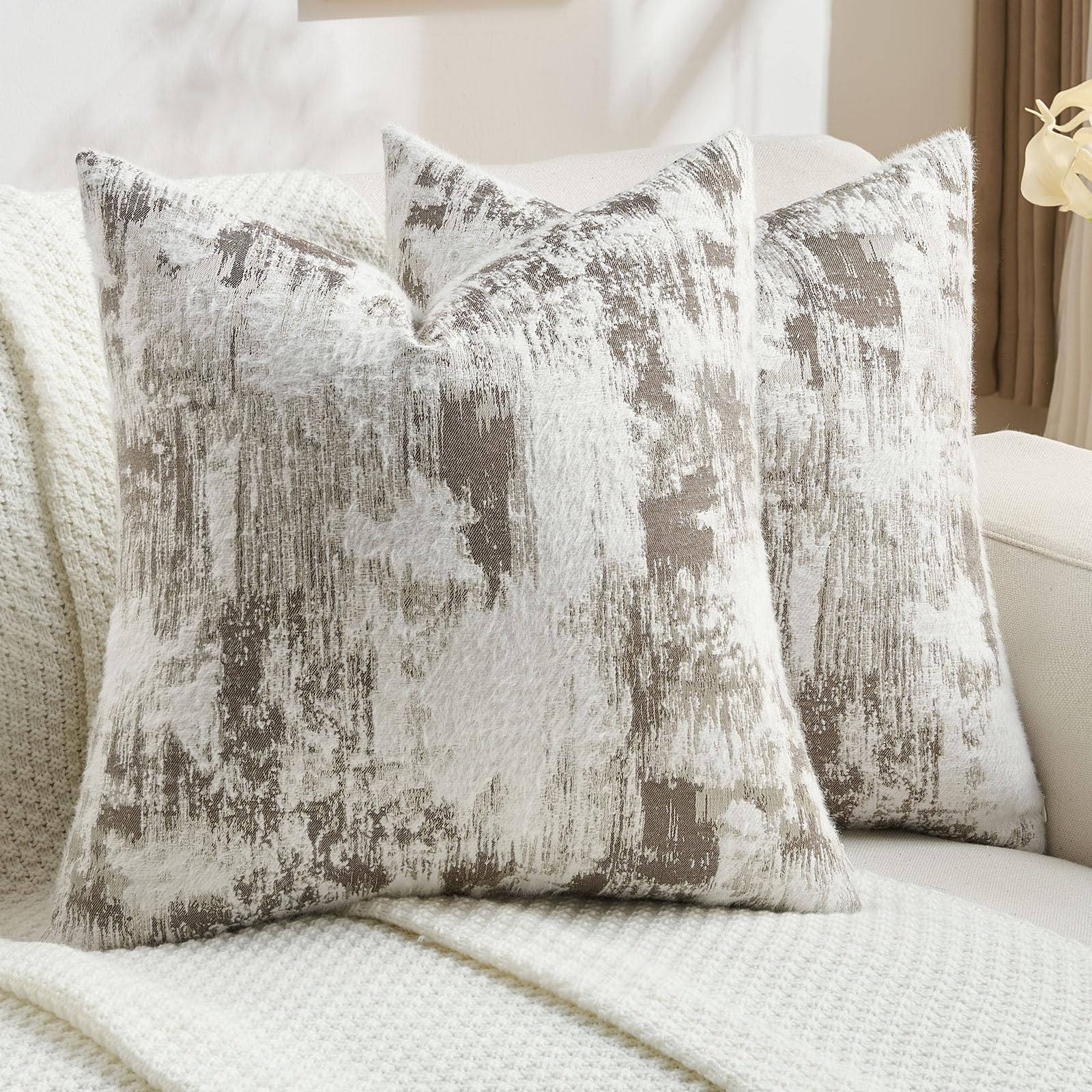 FUTEI Set of 2 Faux Cashmere Jacquard 45x45 cm Cushion Covers Soft Marble Pattern Scatter Pillow Covers 45 x 45 cm Farmhouse Accent for Sofa Bedroom Living Room, Taupe White โ image 1