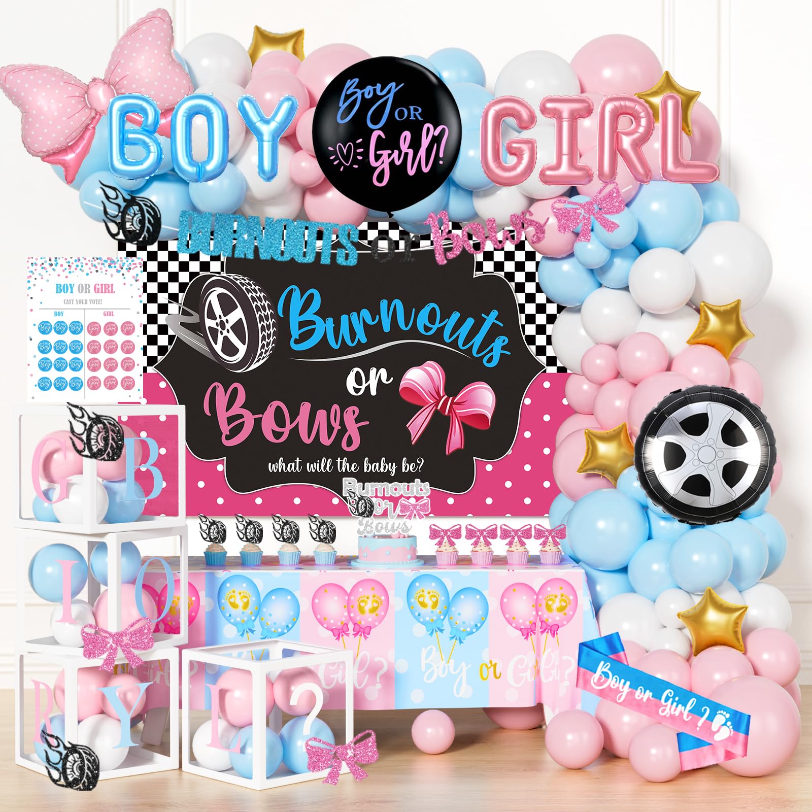 Burnouts or Bows Gender Reveal Decorations Kit - 171 Pcs Boy or Girl Gender Reveal Party Supplies with Backdrop, Balloons & Confetti for Baby Shower