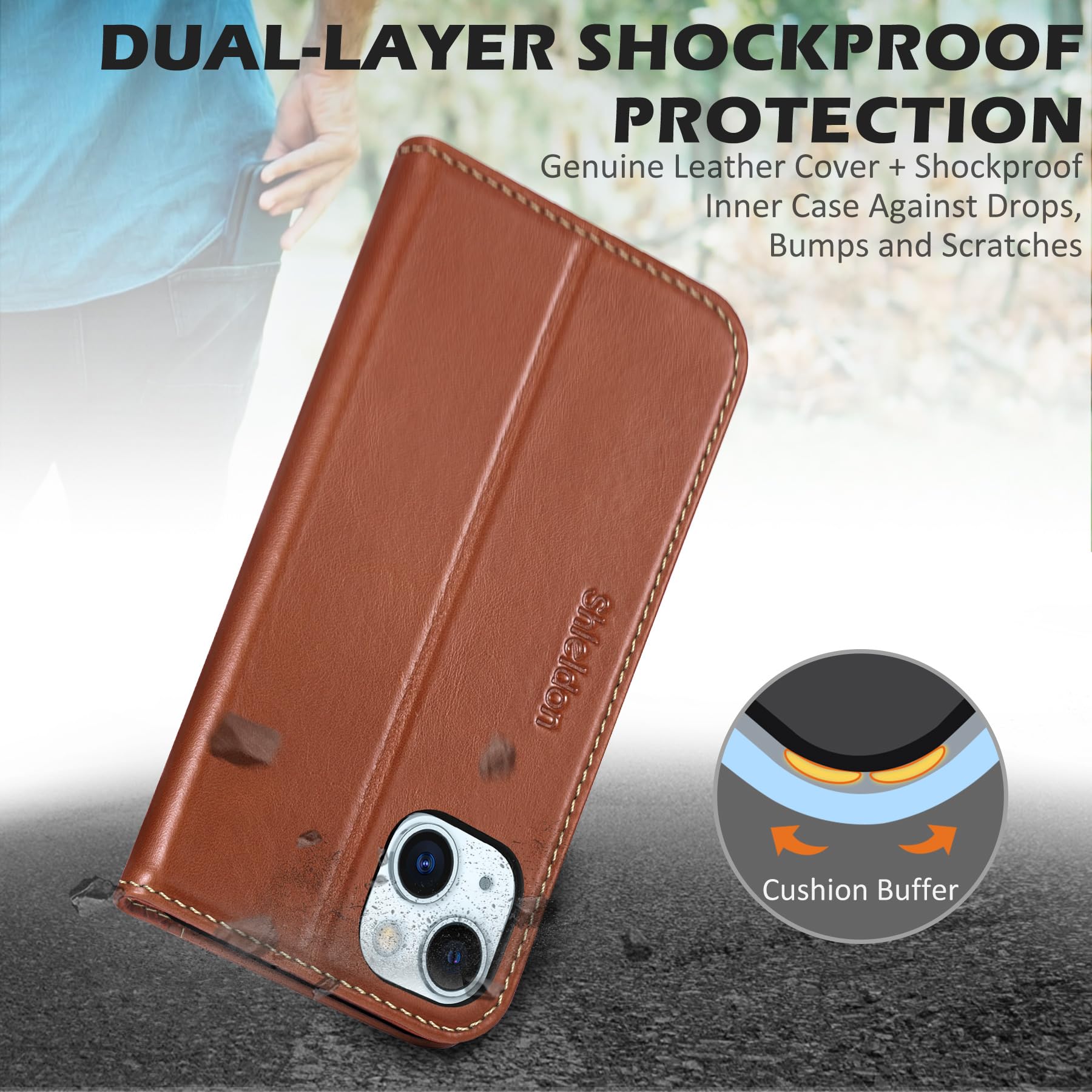 SHIELDON Funda para iPhone 15 Plus 5G, Carcasa Case Cover de Cuero Genuino con [Cáscara TPU][Bloqueo RFID][Ranura para Tarjeta] Funda Piel Compatible con iPhone 15 Plus (6.7", 2023), Marrón Retro