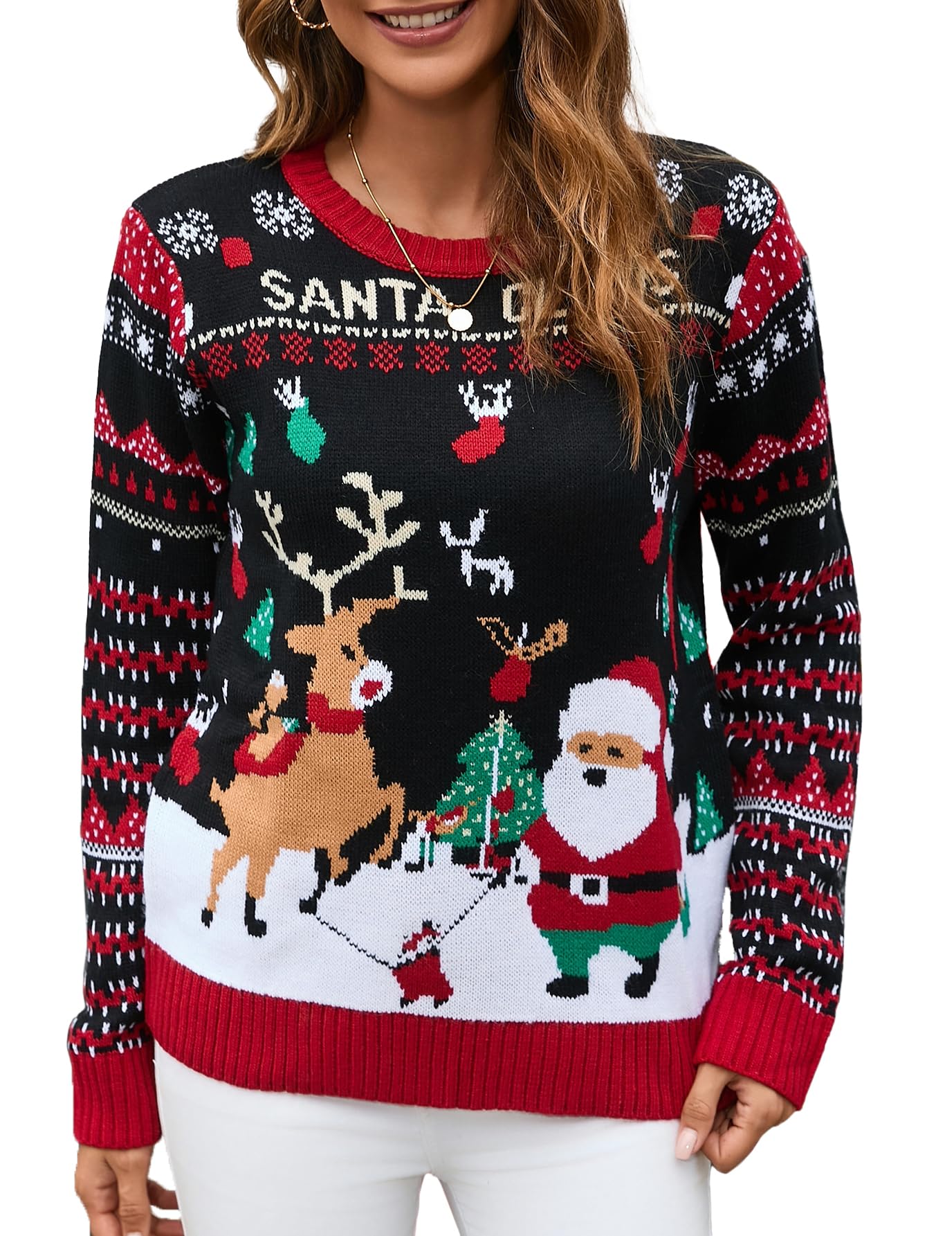 IFFEI Womens Ugly Christmas Sweater Novelty Print Crew Neck Sweater Pullover
