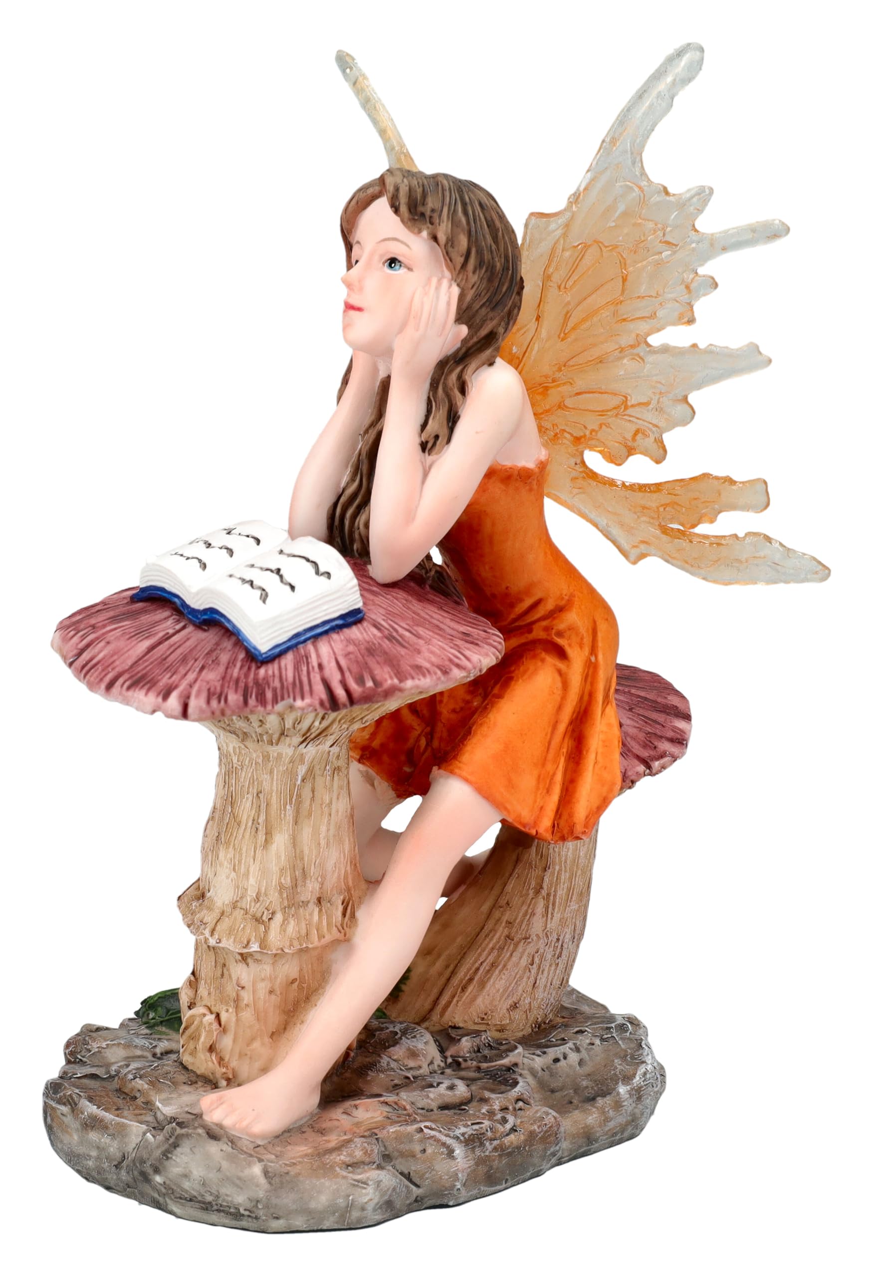 Figuren Shop GmbH Lesende Elfenfigur Isilwen auf Pilz – Fantasy Deko für Bücherfreunde, 15 cm