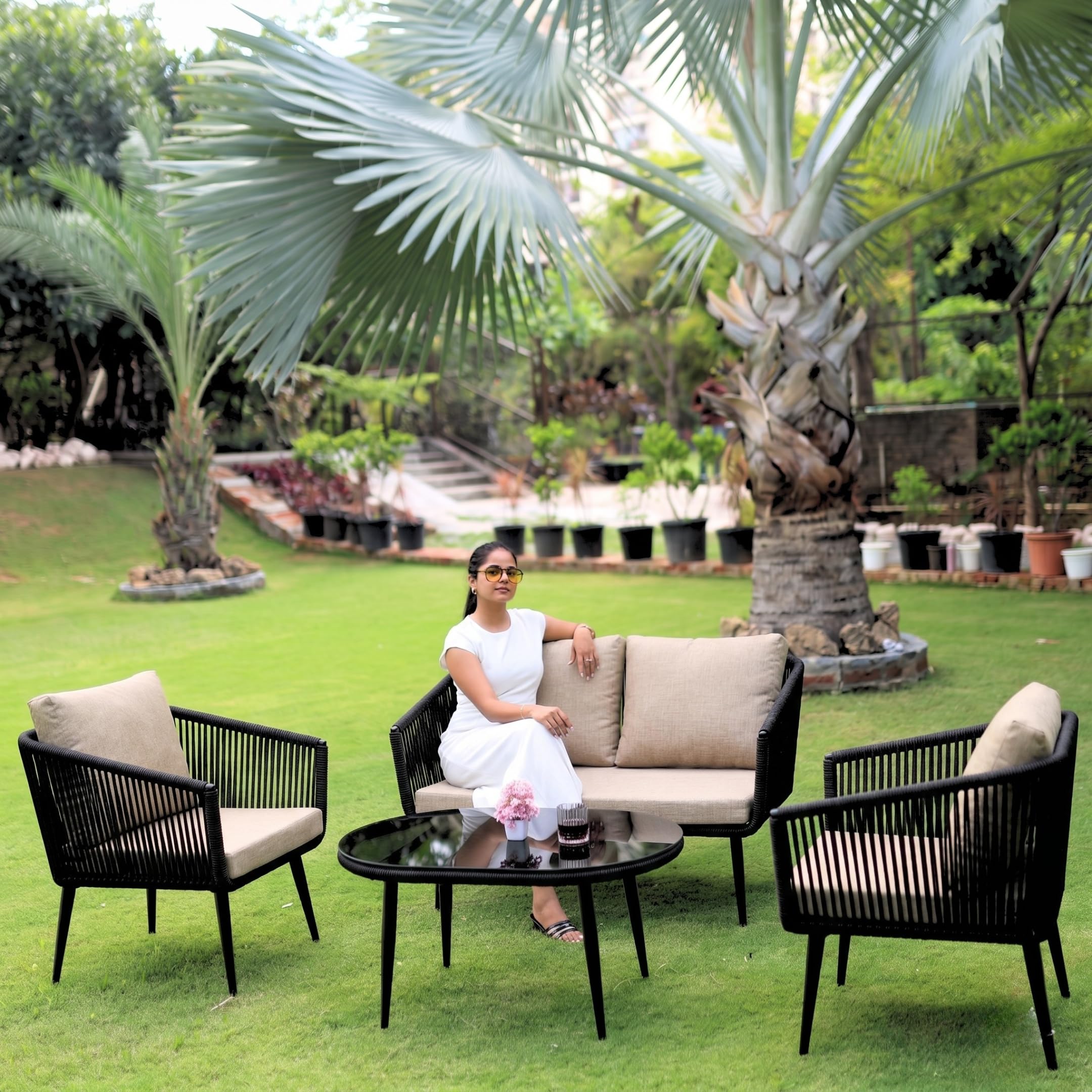 LOCCUS Outdoor Rope 4-Seater Sofa Set with Glass Top Table & Water-Repellent Cushions, Durable Metal Frame, Handwoven Rope Furniture Perfect for Garden, Patio, Pool Deck & Balcony(Black & Beige)-image-23