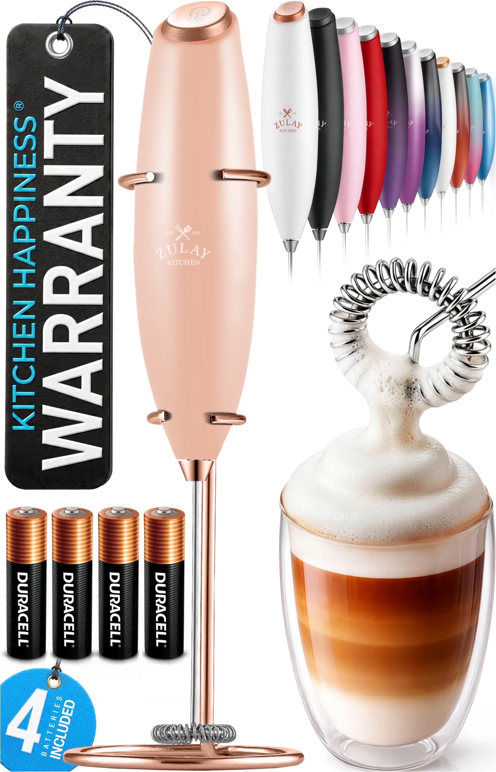 Zulay Kitchen Powerful Milk Frother Wand With Duracell Batteries - Ultra Fast Handheld Drink Mixer - Electric Whisk Foam Maker for Coffee, Lattes, Cappuccino &amp; Matcha - Z1 Motor - Rose Peach