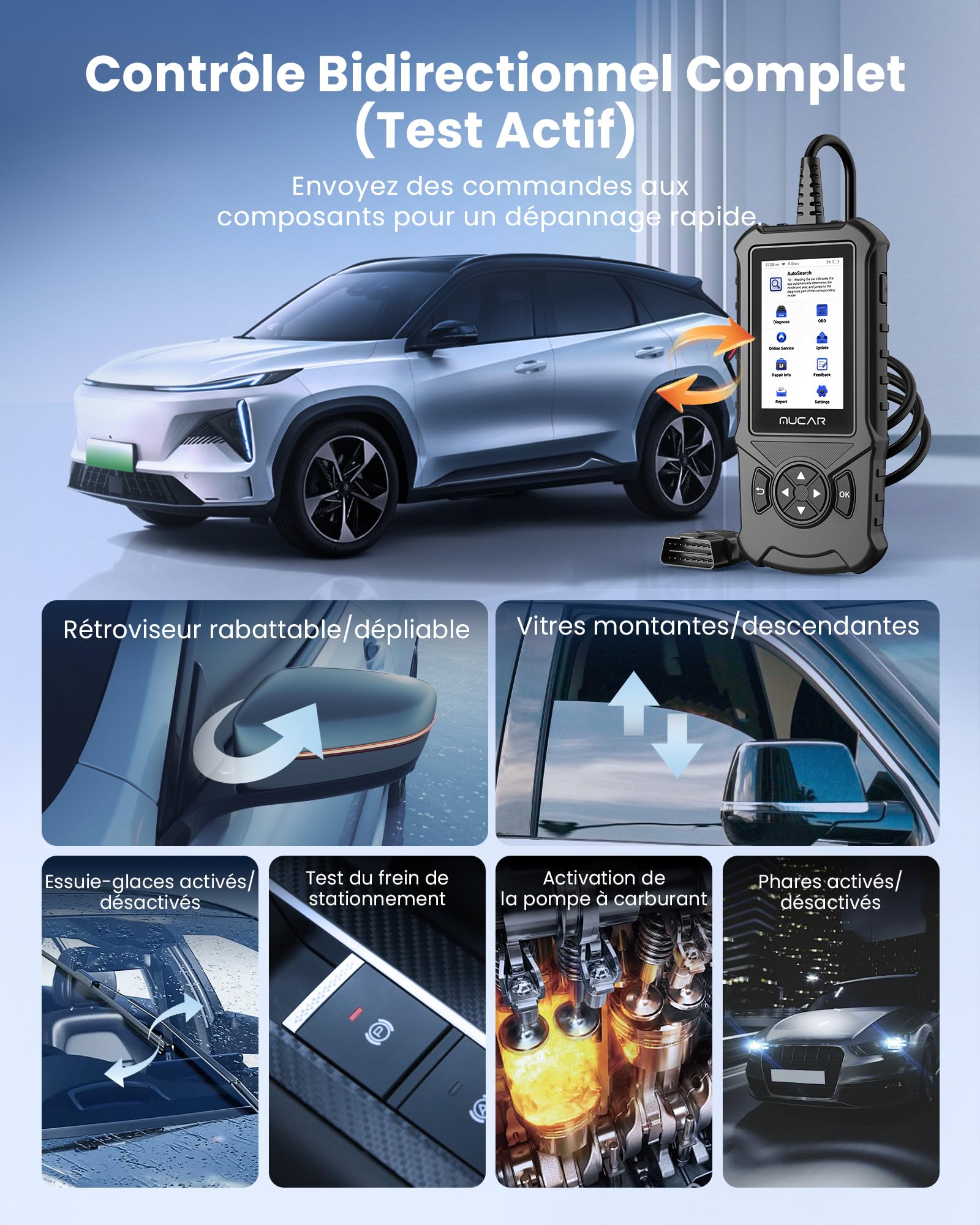 mucar CDE900S Valise Diagnostic Auto Compatible avec Peugeot, Citroën, Renault,Outil de Diagnostic Complet du Système, 40+ Services de Réinitialisation, Test Actif, Codage ECU