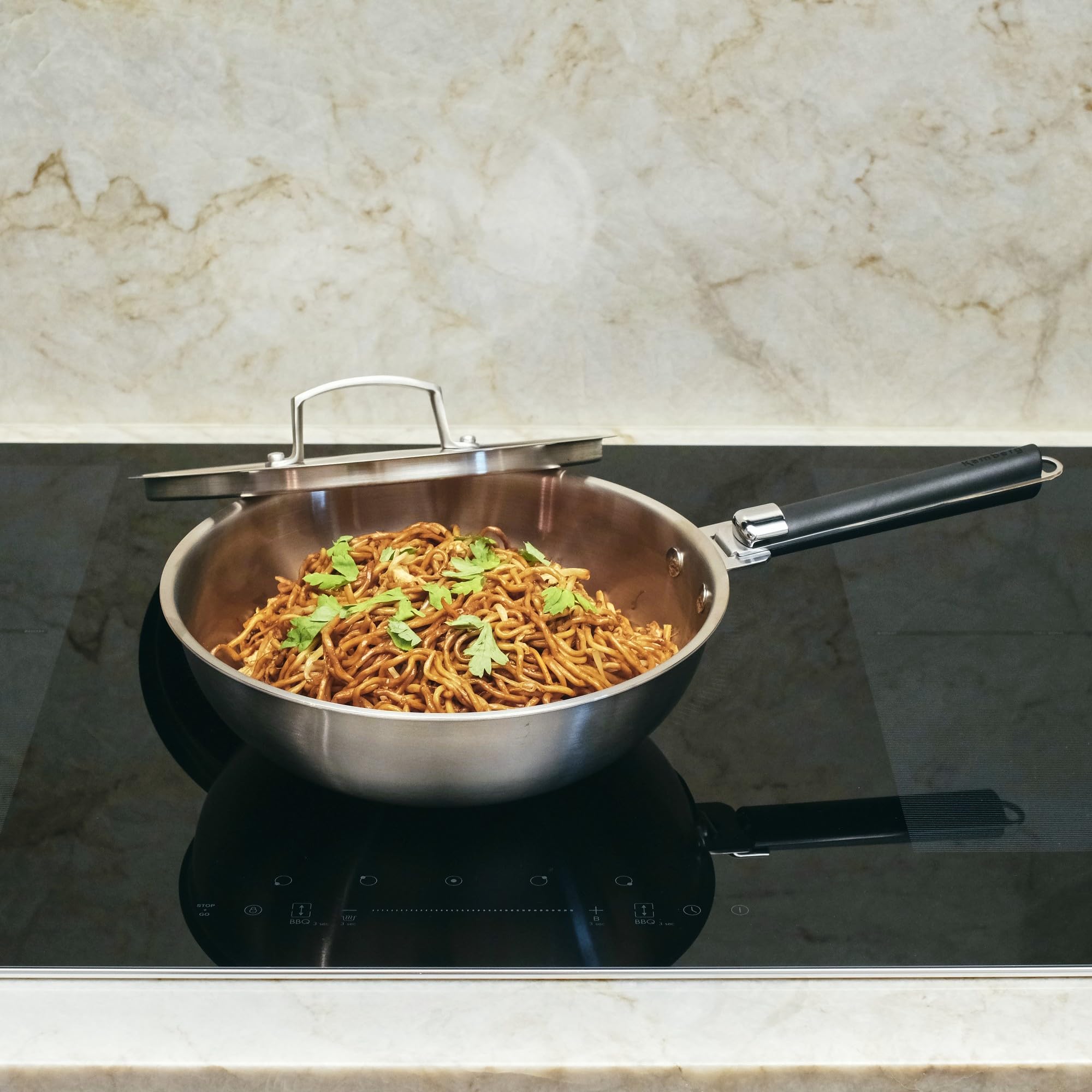 Kamberg - Wok inox 24 cm manche amovible - Acier inoxydable 18/10 Triply - Tous feux dont induction et four, Gris