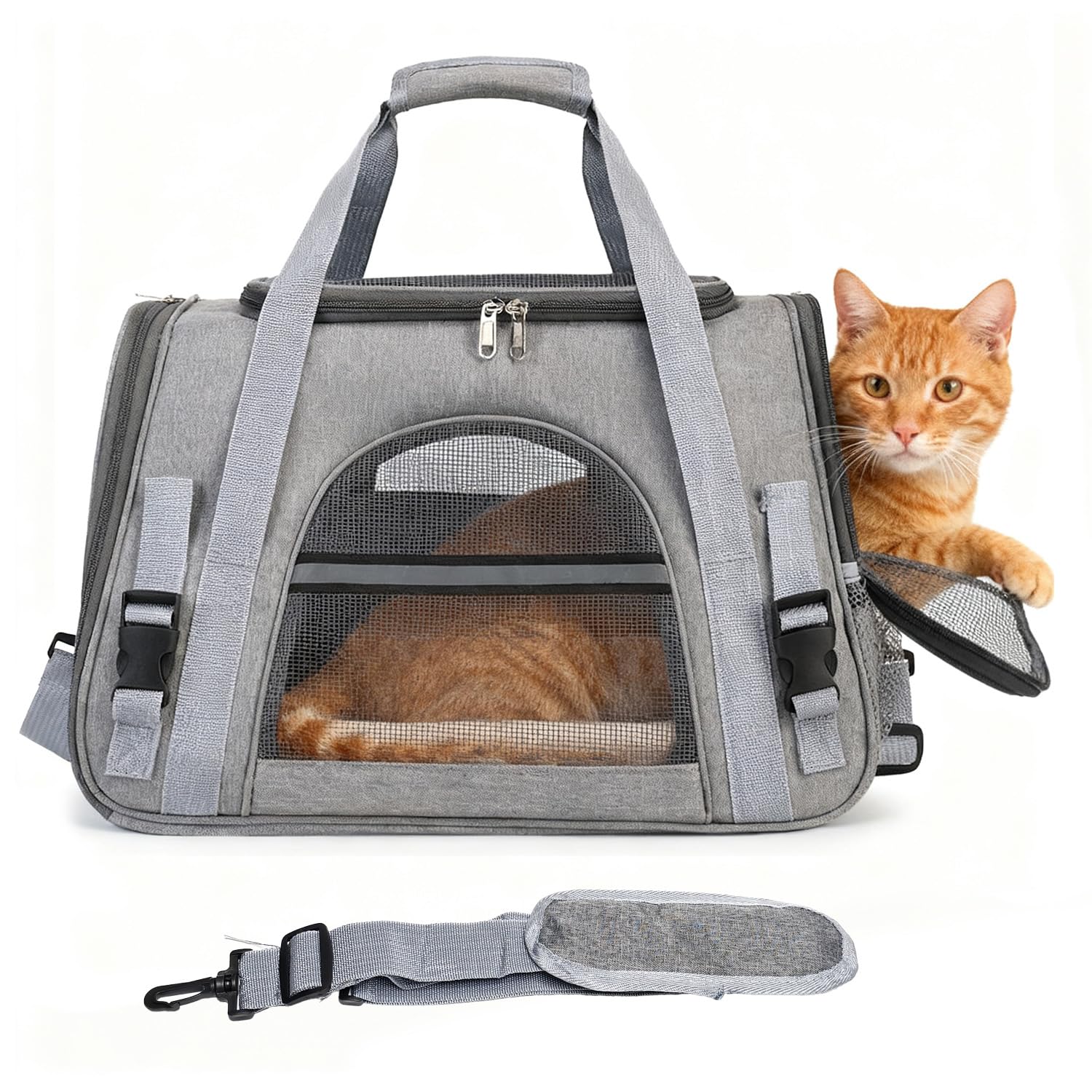 Cat Carrier, Pets Dog Carriers For Travel with Detachable Shoulder Strap & Cozy Mat, 4 Window Mesh Pet Transport Bag for Small-Medium Cats Puppies, Airline Approved- Grey