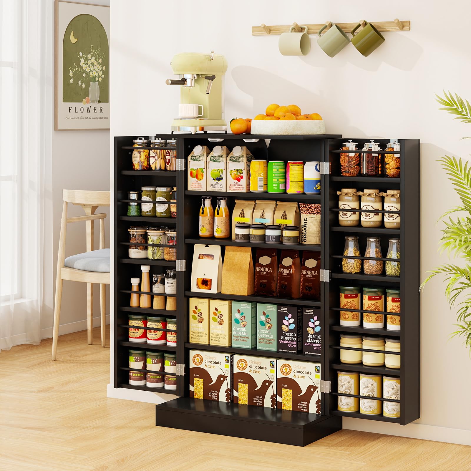 COSTWAY Armoire de Cuisine 2 Portes avec 16 Étagères, Meuble Cuisine Rangement avec Dispositif Anti-Renversement, Buffet pour Salle à Manger, Salon, Noir