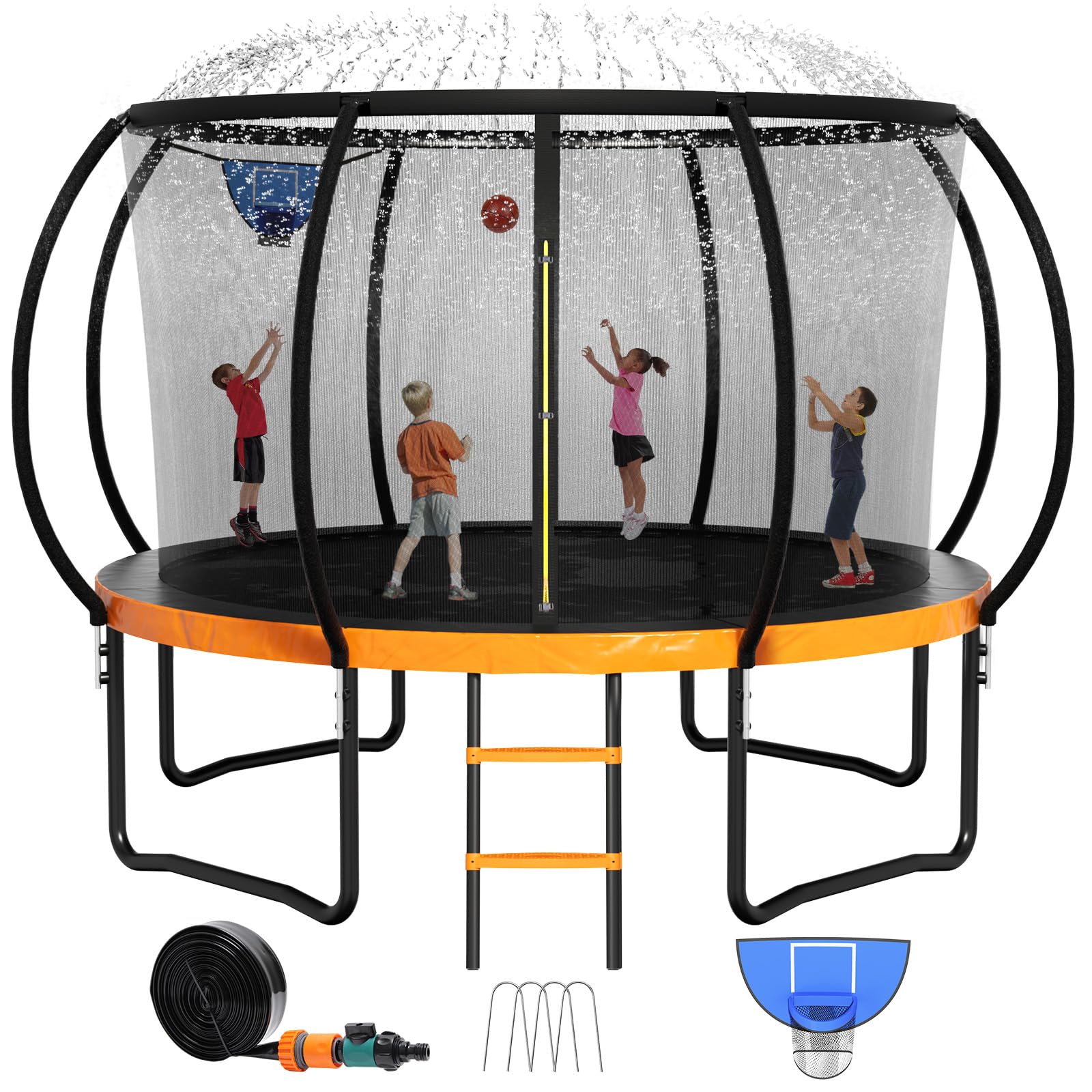 Zevemomo 14 FT Outdoor Trampoline with Sprinkler & Basketball Hoop & Wind Stakes, 14FT Heavy Duty Kids & Adults Trampoline with Safety Enclosure Net & Ladder for Outdoor Backyard
