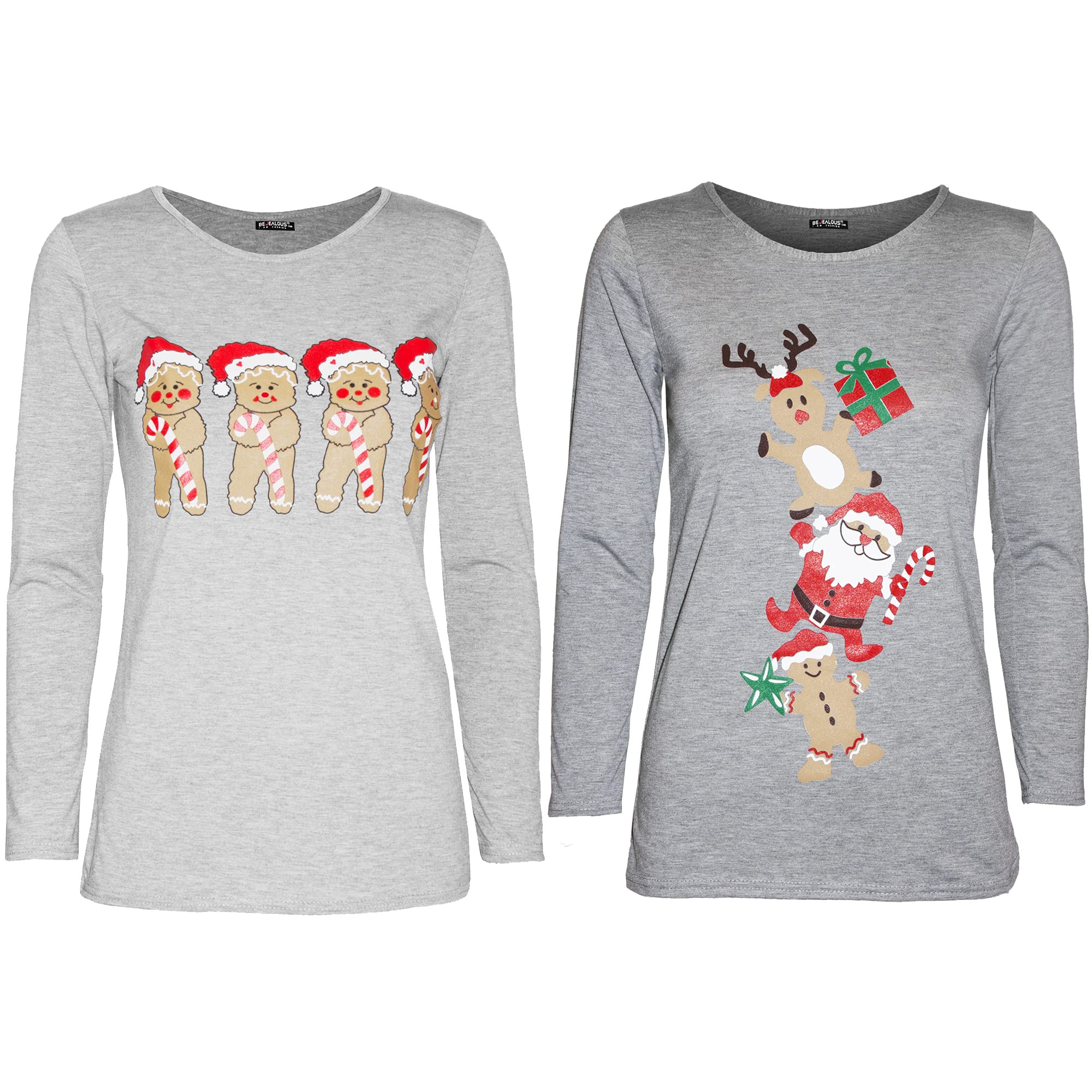 Fashion Star Womens Christmas Xmas Basic Print Long Sleeve Casual T Shirt Top 2 Combo