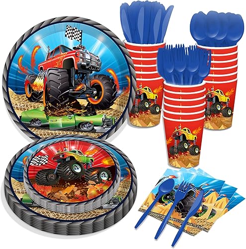 Miniatura 4 de CC HOME Paquete de suministros para fiestas temáticas de camiones, decoraciones para fiestas de camiones, paquete de 16 unidades, incluye platos de
