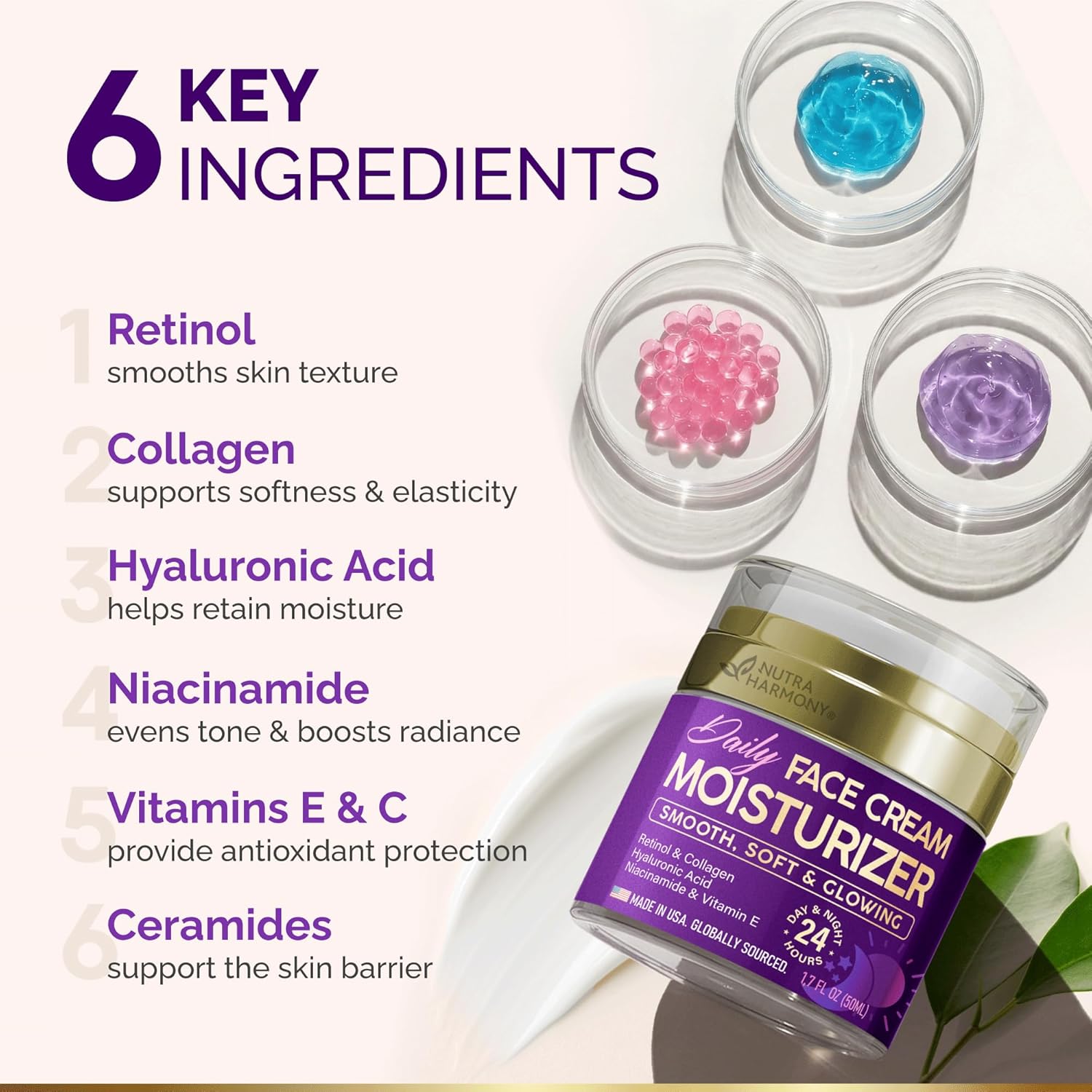 Face Moisturizer - Day & Night Face Cream - Collagen | Retinol | Hyaluronic Acid | Ceramides - Smooth, Soft & Glowing Skin - DD Cream for Women & Men - Dermatologically Tested - Made in USA 1.7 FL OZ - Image 3