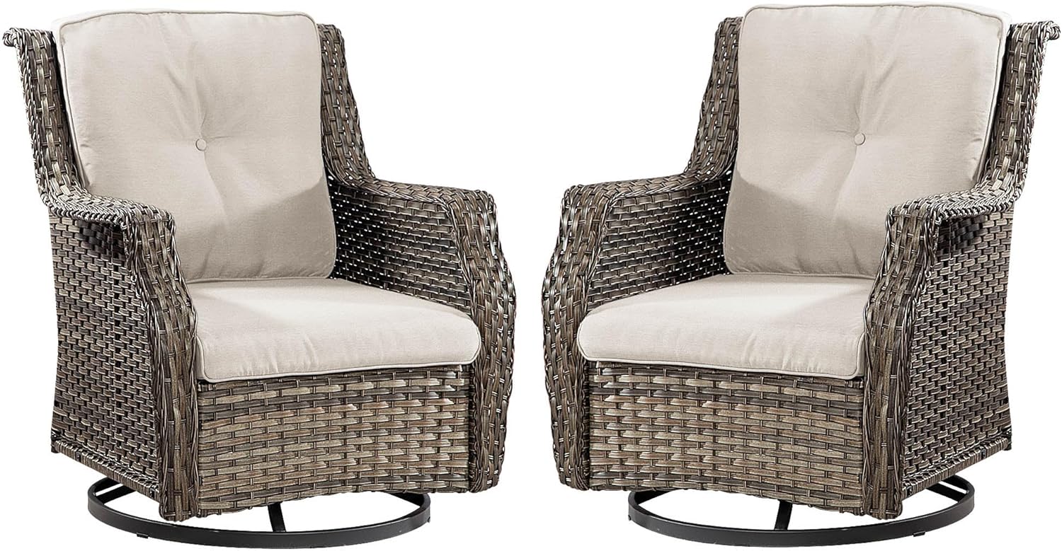 2 Pieces Patio Furniture Set, 2 Set of High Back Rattan Swivel Chair, Outdoor PE Wicker Furniture, All Weather Patio Set with Waterproof Cushion for Porch, Backyard and Deck