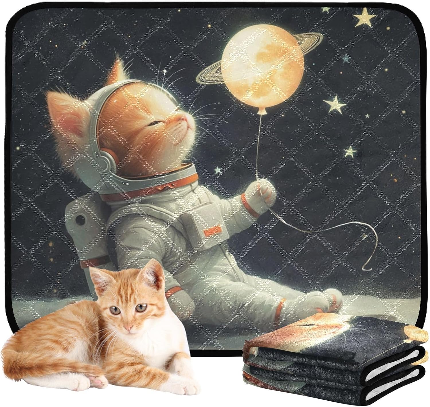 Cat Astronaut Moon Pet Mat Reusable Feeding Mats for Food and Water Non-Slip Pee Pads for Dogs Cats 2 Packs