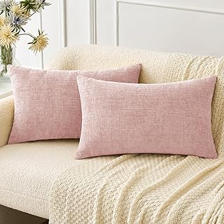 MIULEE Pack of 2 Couch Throw Pillow Covers 12x20 Inch Soft Pink Chenille Pillow Covers for Sofa Living Room Solid Dyed Pil...