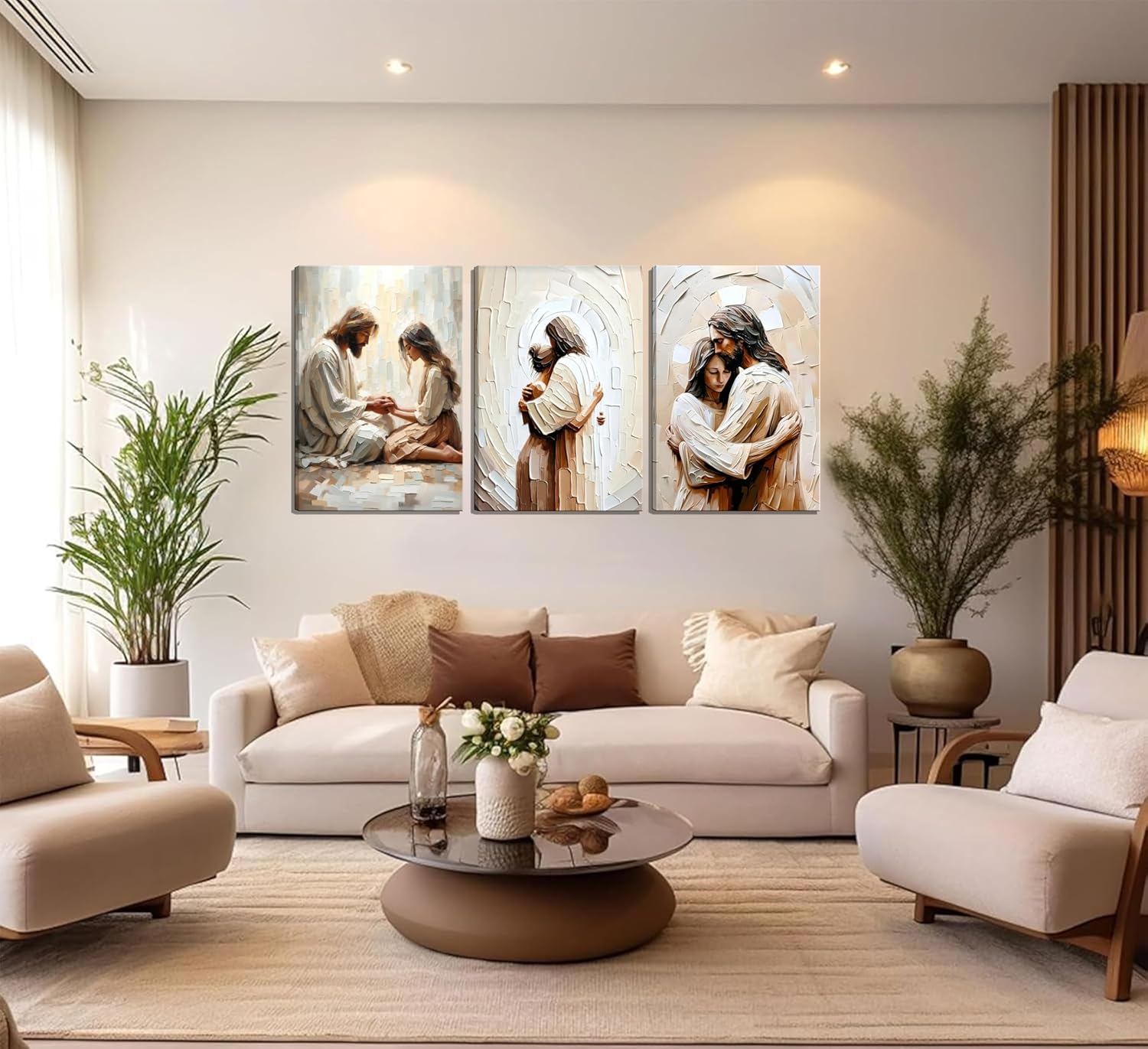3Pcs Framed Jesus canvas Wall art Jesus Embracing Woman Prayer Posters Pictures Prints Christian Spiritual Heals Beige Texture Paintings Wall Decor for Bedroom Living room ChurchDecoration
