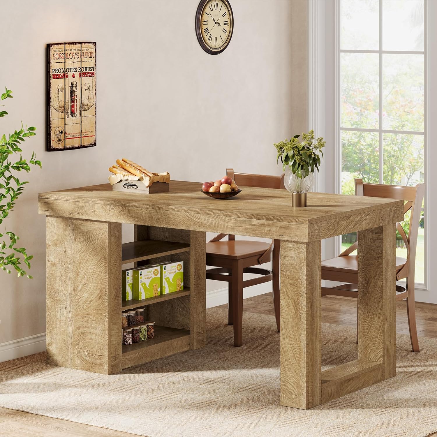 Tribesigns Kitchen Island with Storage Shelf, 55" Farmhouse Prep Table with Large Leg Room, Modern Multi-Functional Kitchen Furniture for Meal Prep, Dining & Entertaining, Natural Wood