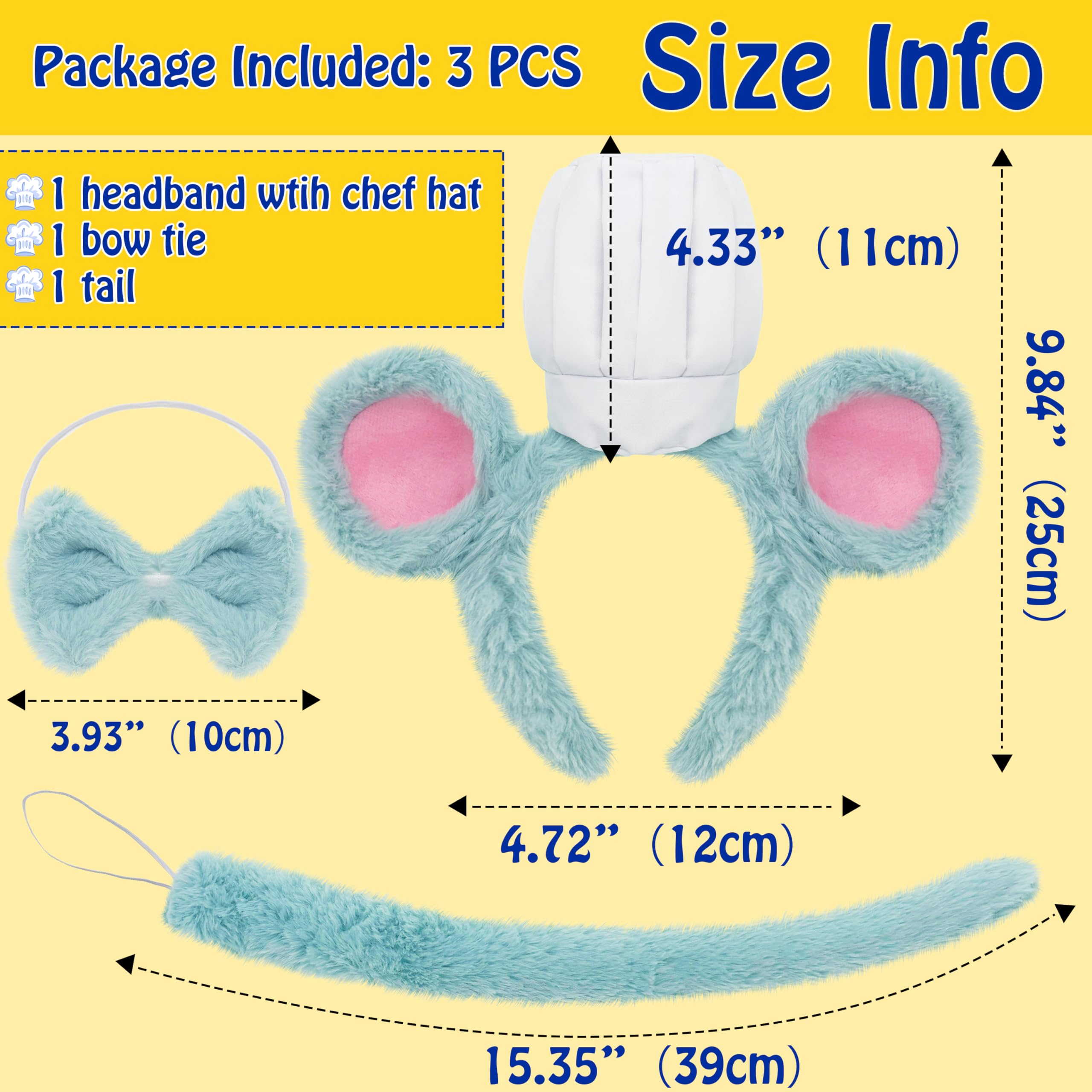 Hptonull 3Pcs Rat Costume Set- Rat Headband Ears Tail Bow Tie Set, Rat Chef Costume Accessories for Birthday Dress up