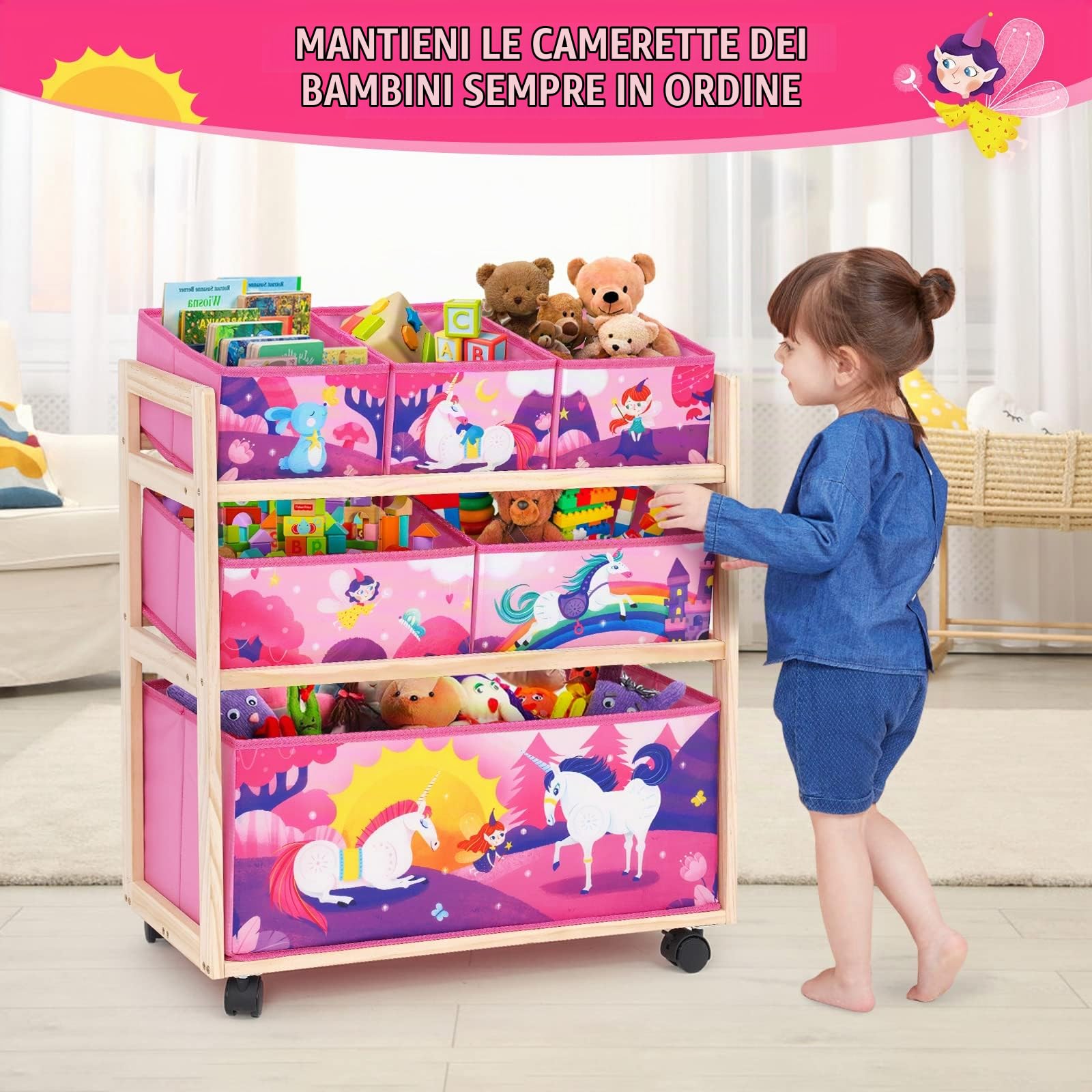 Organizer Per Giocattoli Per Bambini Con 6 Contenitori E Ruote,Scaffale Per Giocattoli