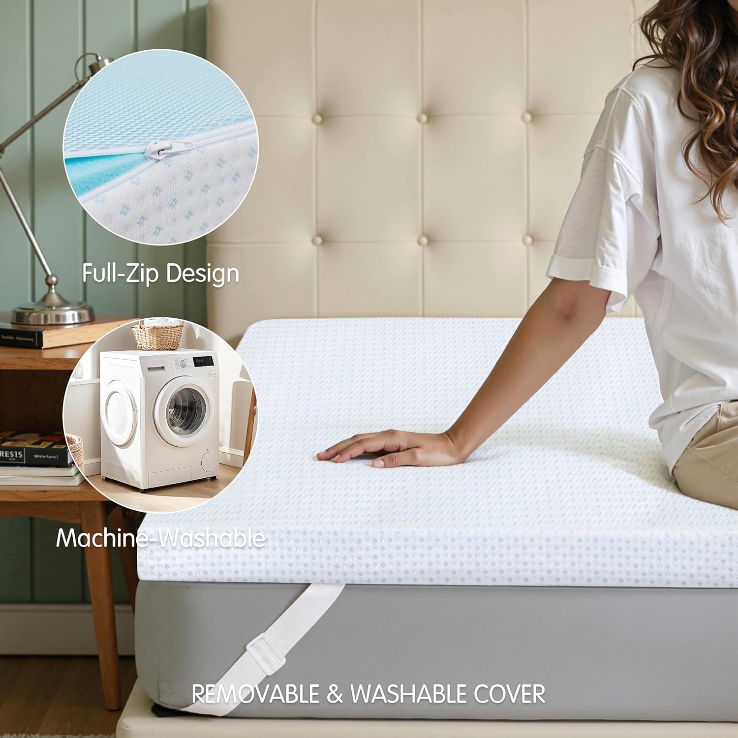 Subrtex Mattress Topper Cover (Only Cover) Mattress Protector Bedding Rayon Made from Bamboo Removable Mattress Encasement Mattress Cover with Zipper (2 Inch, White, Queen) - Image 8