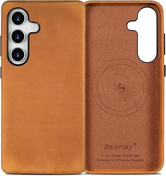 Belemay Leather Case for Samsung Galaxy S25 Compatible with Magsafe, Tan | Full-Grain Crazy Horse Leather, Waxed Pull-Up Cowhide, Unique Patina, Handcrafted Aesthetic, Comfortable Grip for Daily Carry