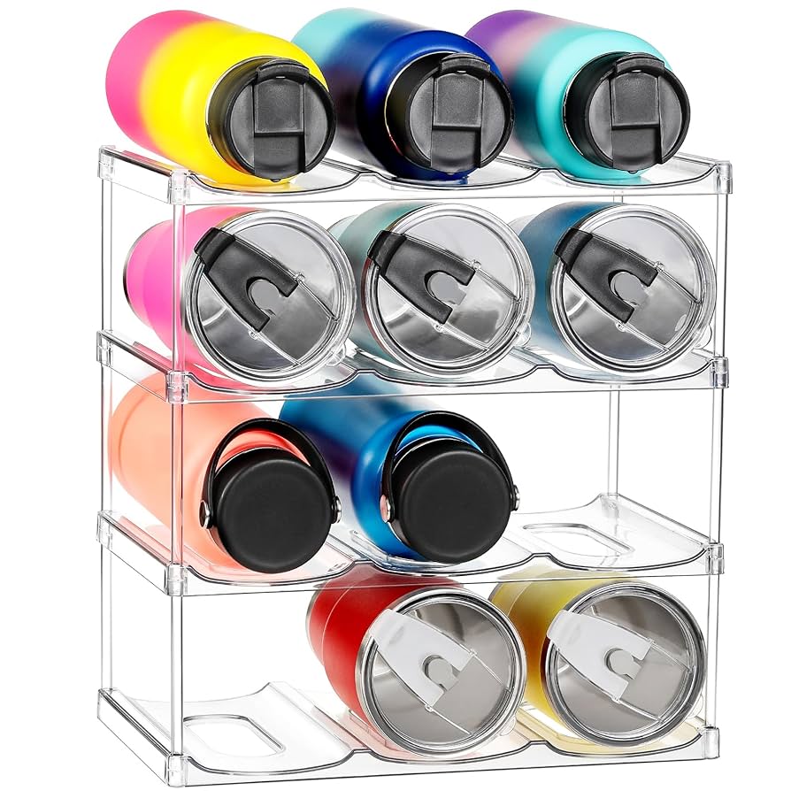 LARGER Compartment - Stackable Water Bottle Organizer Holder - for Stanley & Others' Large Tumbler - Clear Wine Rack, Cup Bottle Holder for Cabinet Home Countertop Fridge Pantry Shelf, 4 Tier Hold 12