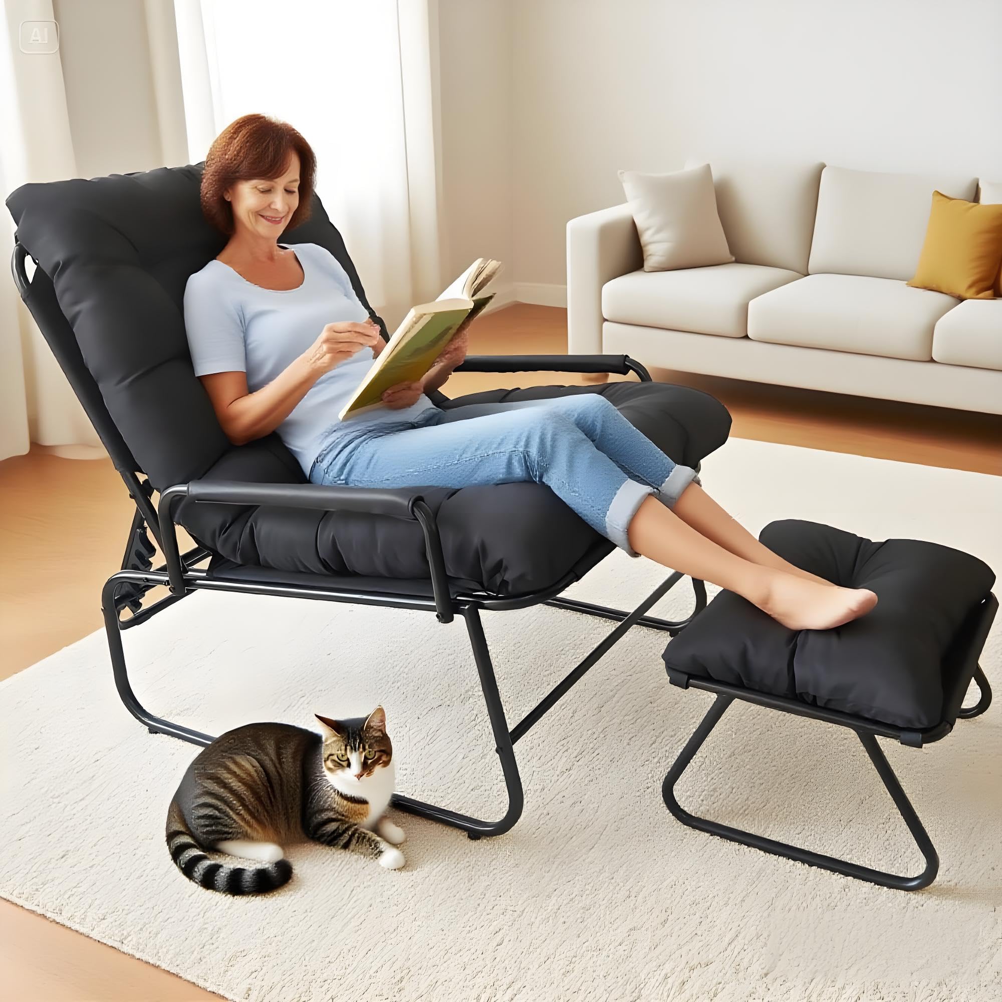 Chaise Longue Inclinable avec Repose-Pieds, Chaise Relax de Jardin, Fonction D'inclinaison à 4 Positions, Coussin Amovible avec Repose, Chaise Longue Détente pour Jardin, Terrasse (Noir)