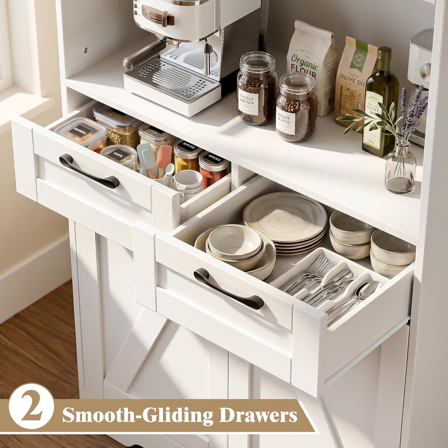Tall Kitchen Pantry Cabinet with 2 Drawers, White Hutch Storage Cabinet with Microwave Stand for Living Room, Kitchen Cupboard Coffee Bar Cabinet with Countertop