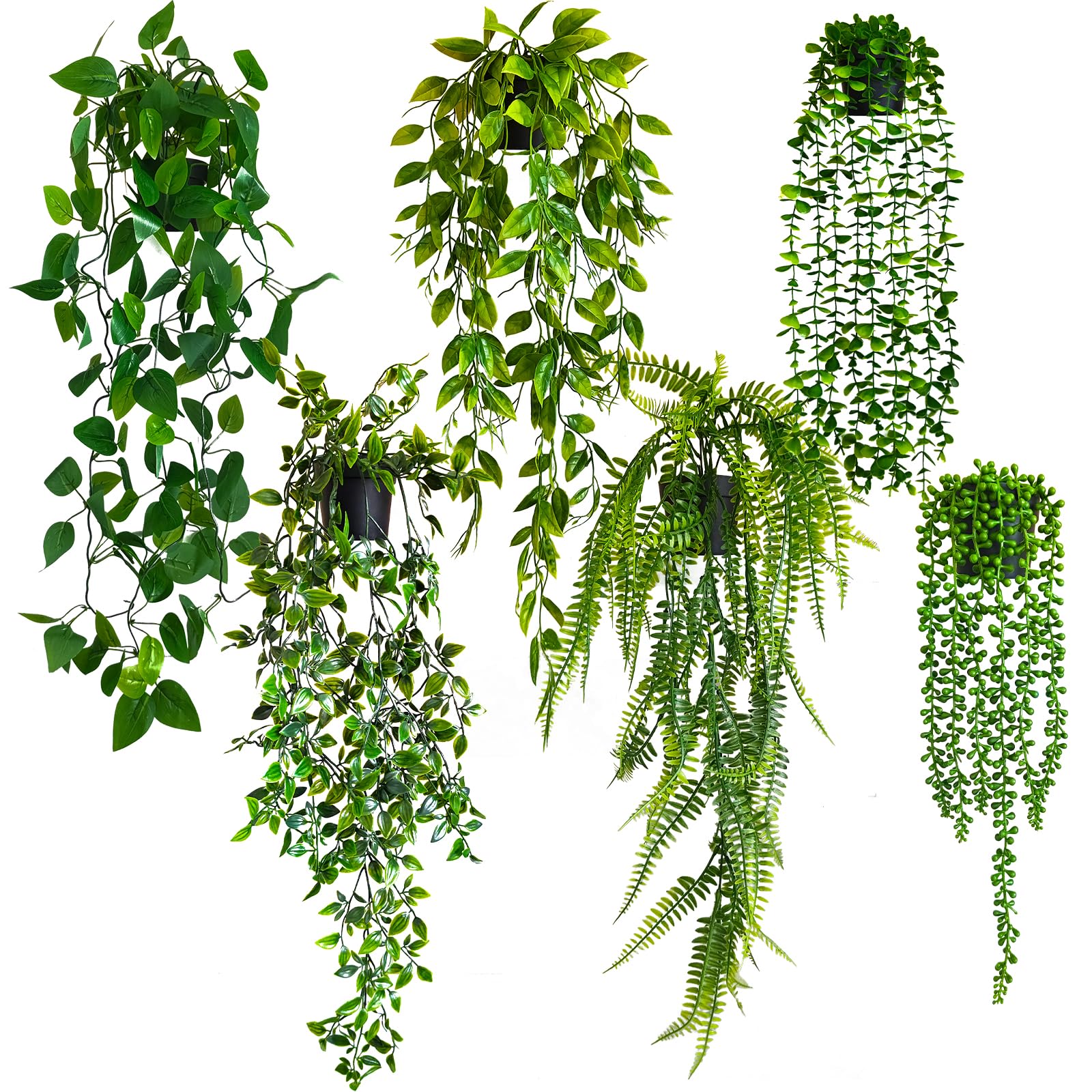 6 Pack Potted Artificial Plants for Decor Indoor, Fake Plant with Vines On Wall Decor, Plante Artificielle Interieur for Home Decor and Office Decor, Fake Hanging Plants Decor Indoor with Pots
