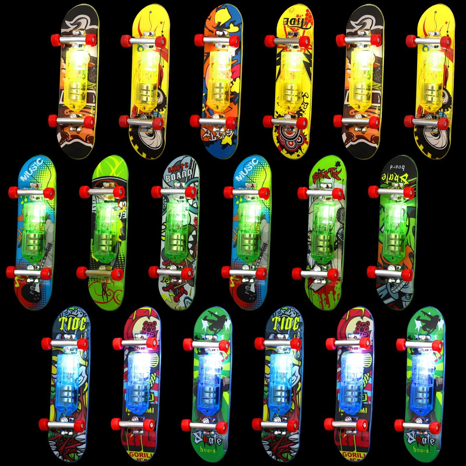 Light up Mini Finger Skateboard Toys Set, 18 Pcs LED Finger Skateboards, Hand Skateboard Toys Fingerboard Tiny Skateboards for Fingers Creative Fingertips Movement for Sports Party Favors